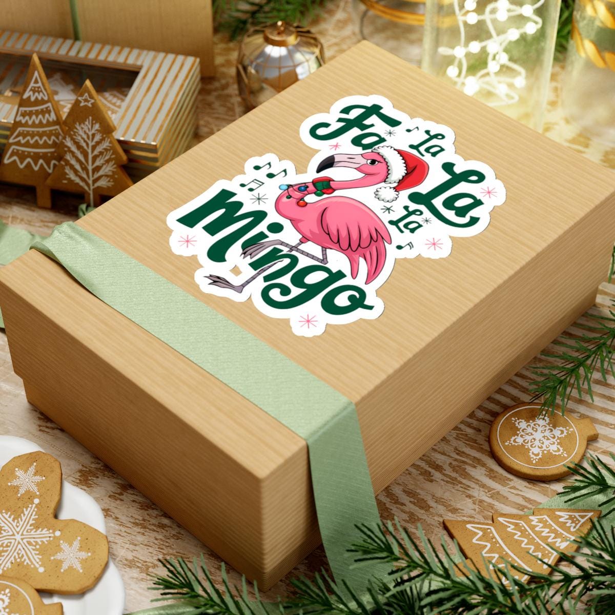 a box with a sticker of a flamingo on it, Christmas flamingo christmas tree lights flamingo sticker package, Packaging Stickers, Tropical Sticker, Coastal Xmas, Flamingos Stickers