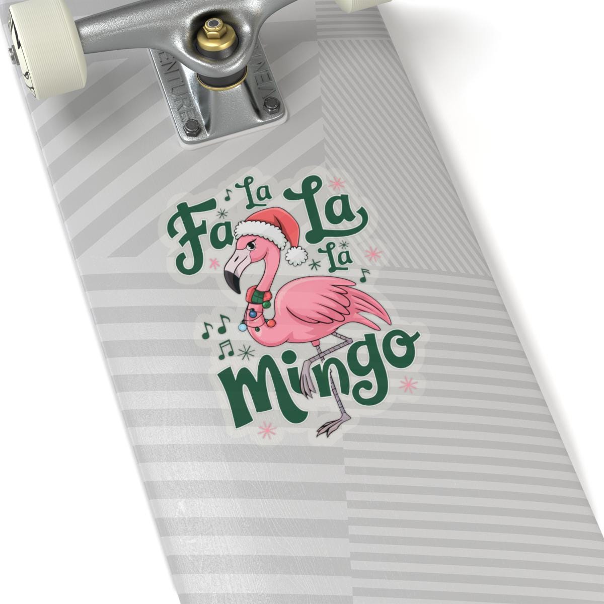 a white skateboard with a pink flamingo on it, Christmas flamingo christmas tree lights flamingo sticker package, Packaging Stickers, Tropical Sticker, Coastal Xmas, Flamingos Stickers
