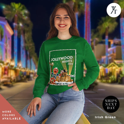 a woman wearing a green sweatshirt and jeans, Hollywood nights 2024 Christmas Sweatshirt, Hollywood Studios Christmas Shirt, Jollywood Nights Tee, Sweatshirt Hoodie, Family Matching Tee