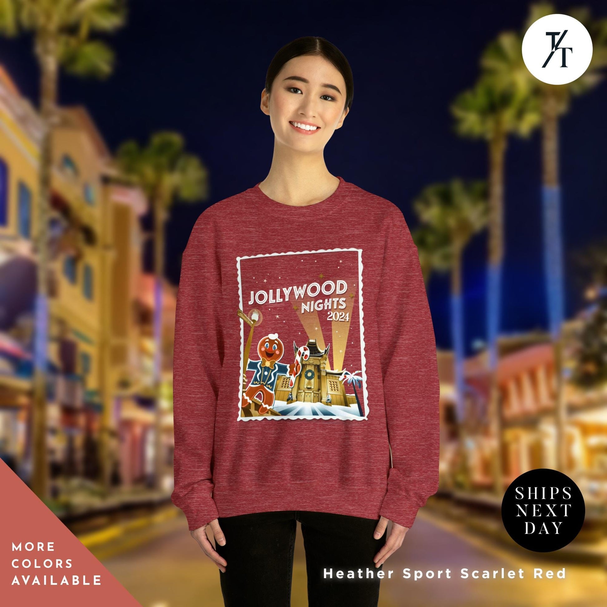 a woman wearing a red sweatshirt and black pants, Hollywood nights 2024 Christmas Sweatshirt, Hollywood Studios Christmas Shirt, Jollywood Nights Tee, Sweatshirt Hoodie, Family Matching Tee