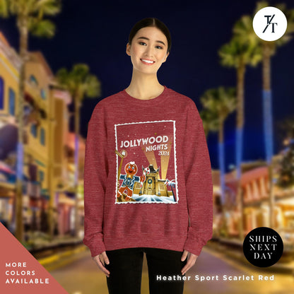 a woman wearing a red sweatshirt and black pants, Hollywood nights 2024 Christmas Sweatshirt, Hollywood Studios Christmas Shirt, Jollywood Nights Tee, Sweatshirt Hoodie, Family Matching Tee