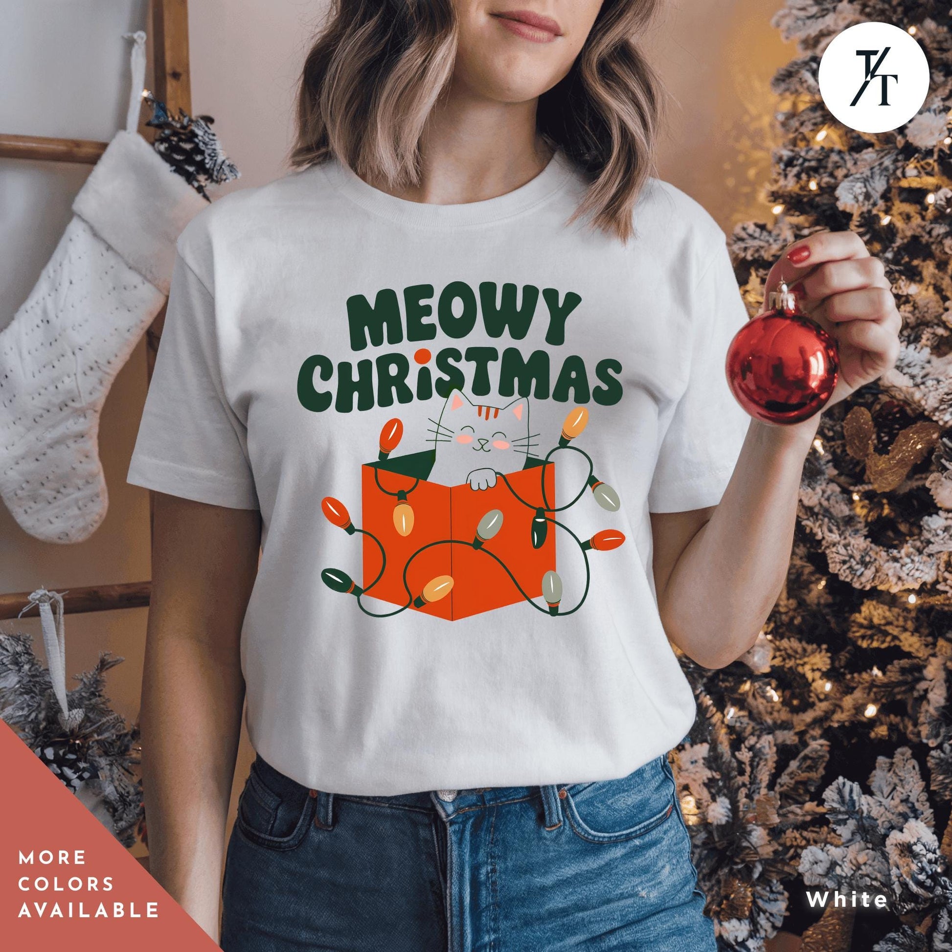 a woman wearing a t - shirt that says meowy christmas, Meowy Christmas black cat christmas lights Shirt, Xmas Black Cats Shirt, Gift For Cat Lover Shirts, Gift For CatMom, Holiday Meowy Xmas Tee