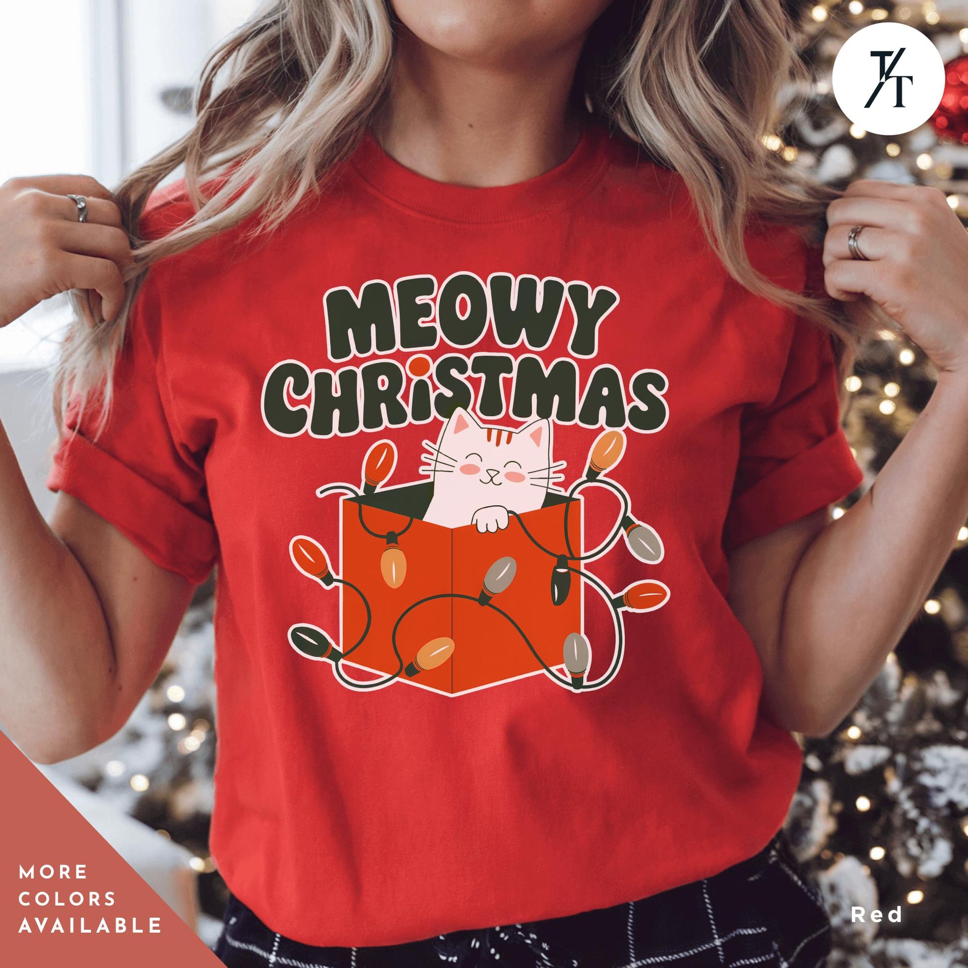 a woman wearing a red merry christmas t - shirt, Meowy Christmas black cat christmas lights Shirt, Xmas Black Cats Shirt, Gift For Cat Lover Shirts, Gift For CatMom, Holiday Meowy Xmas Tee