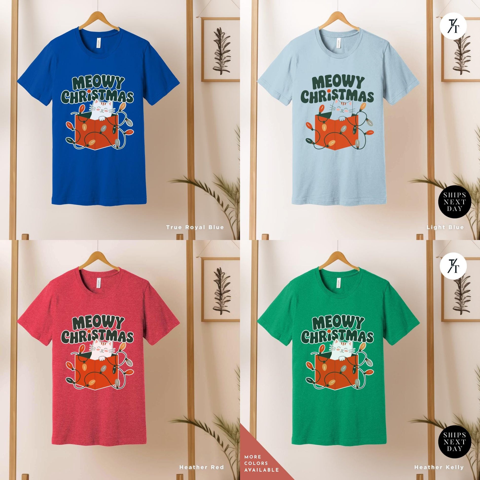 a group of t - shirts hanging on a wall, Meowy Christmas black cat christmas lights Shirt, Xmas Black Cats Shirt, Gift For Cat Lover Shirts, Gift For CatMom, Holiday Meowy Xmas Tee