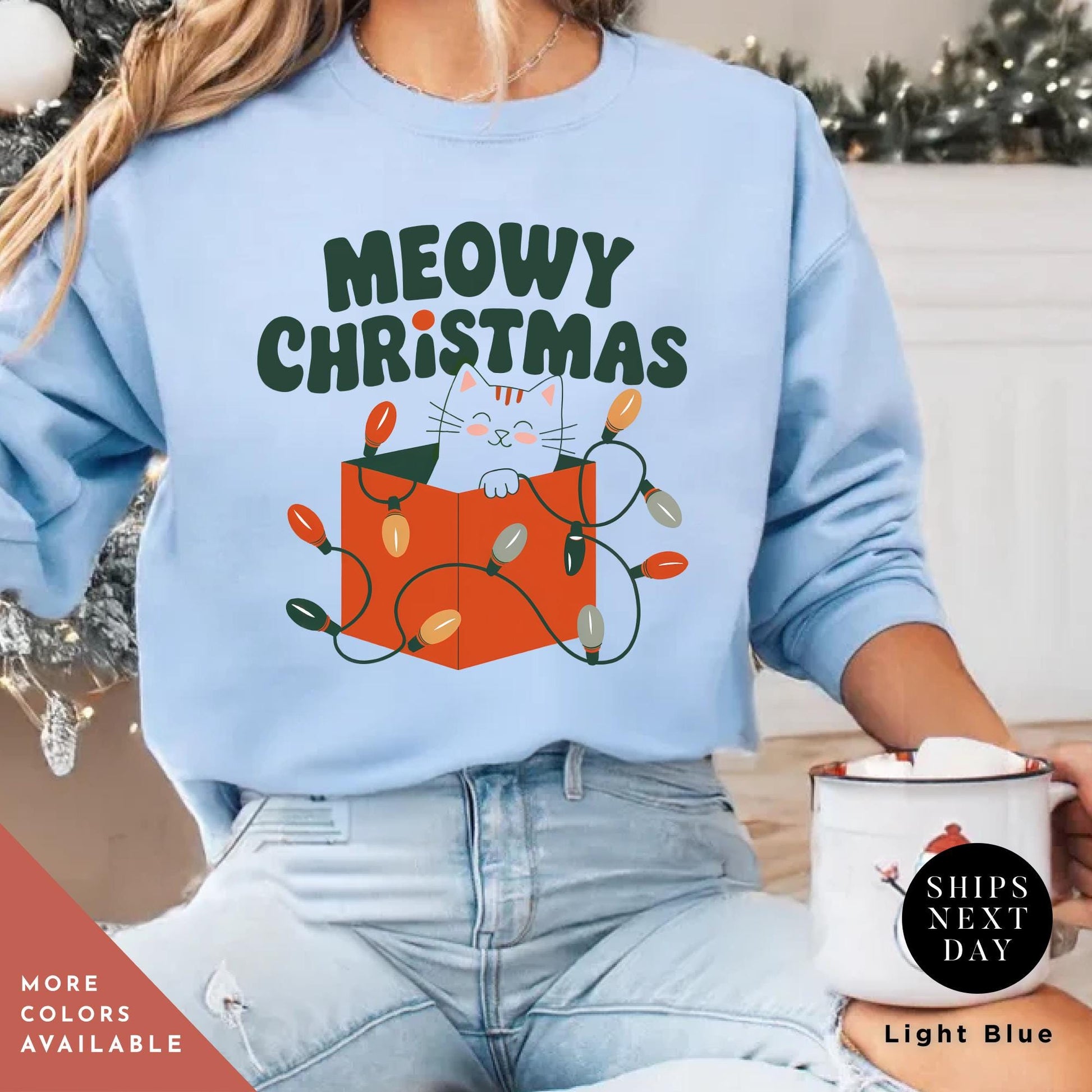 a woman wearing a sweatshirt with a cat on itMeowy Christmas Sweater - Catmas Sweatshirt, Meowy Christmas Sweatshirt, Gift For Cat Mom, Cute Cat Mom Sweatshirts, Holiday Sweatshirts