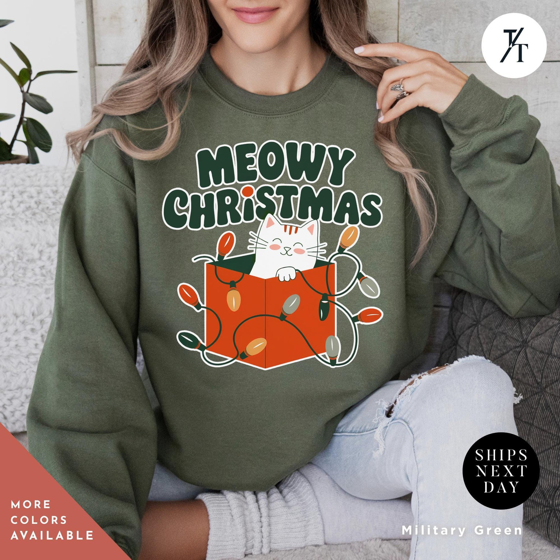 a woman wearing a sweatshirt that says meow christmas, Meowy Christmas Sweater - Catmas Sweatshirt, Meowy Christmas Sweatshirt, Gift For Cat Mom, Cute Cat Mom Sweatshirts, Holiday Sweatshirts