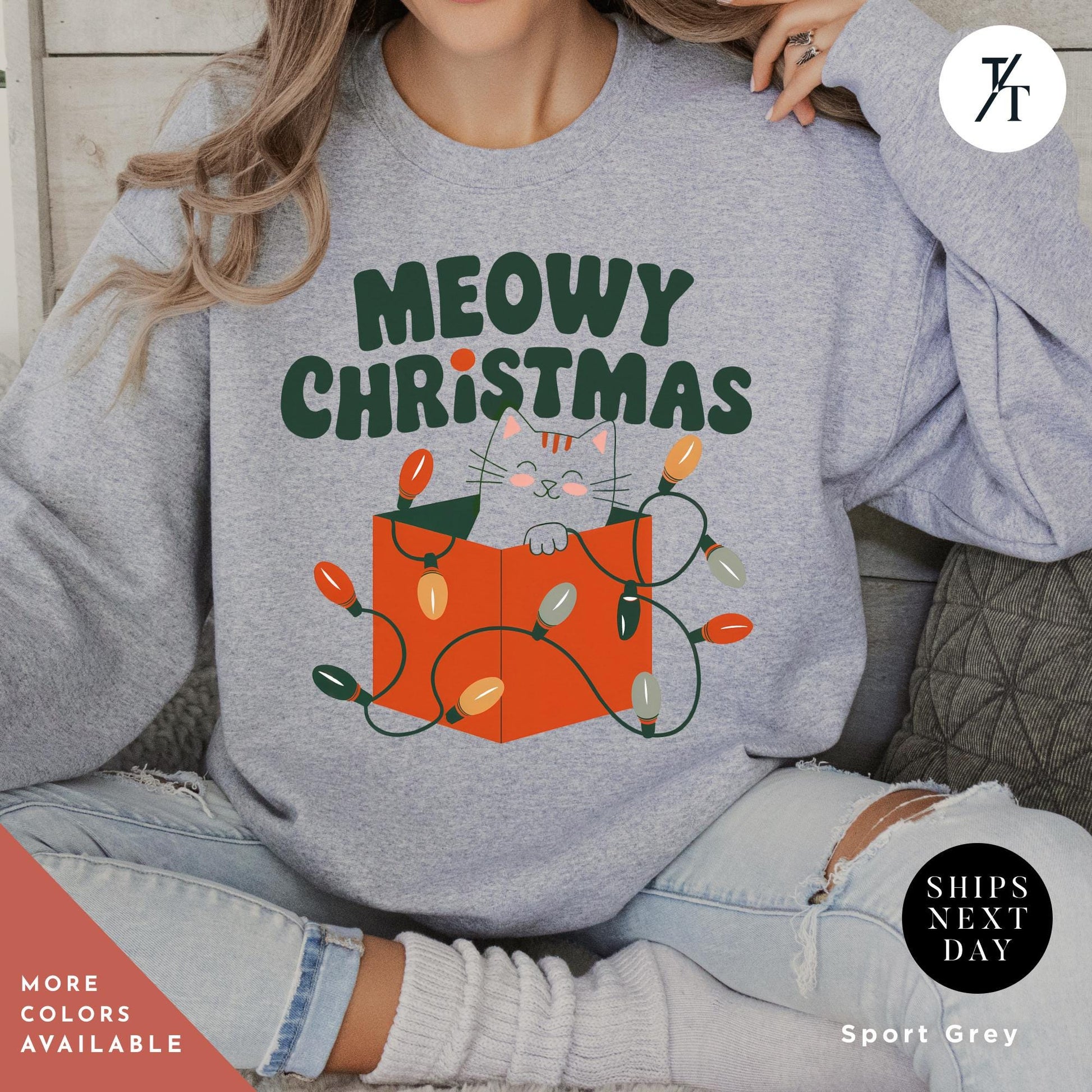 a woman wearing a sweatshirt that says meow christmasMeowy Christmas Sweater - Catmas Sweatshirt, Meowy Christmas Sweatshirt, Gift For Cat Mom, Cute Cat Mom Sweatshirts, Holiday Sweatshirts