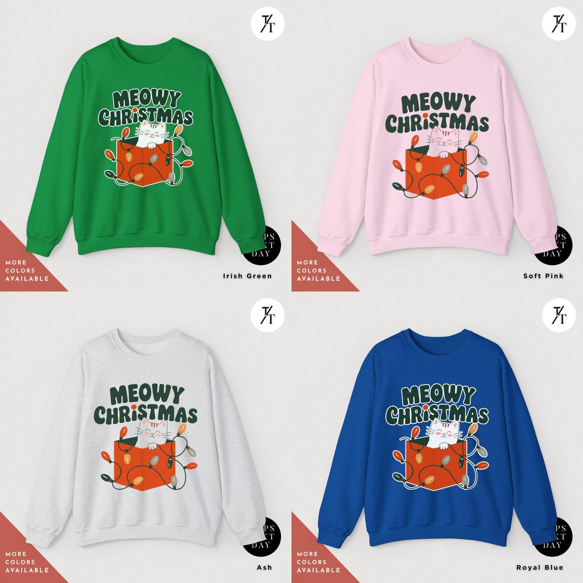 a group of four sweaters with the words meow christmas on themMeowy Christmas Sweater - Catmas Sweatshirt, Meowy Christmas Sweatshirt, Gift For Cat Mom, Cute Cat Mom Sweatshirts, Holiday Sweatshirts