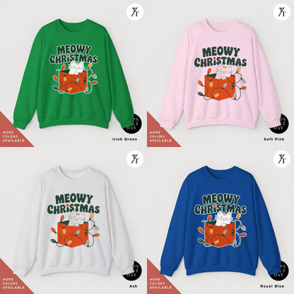 a group of four sweaters with the words meow christmas on themMeowy Christmas Sweater - Catmas Sweatshirt, Meowy Christmas Sweatshirt, Gift For Cat Mom, Cute Cat Mom Sweatshirts, Holiday Sweatshirts