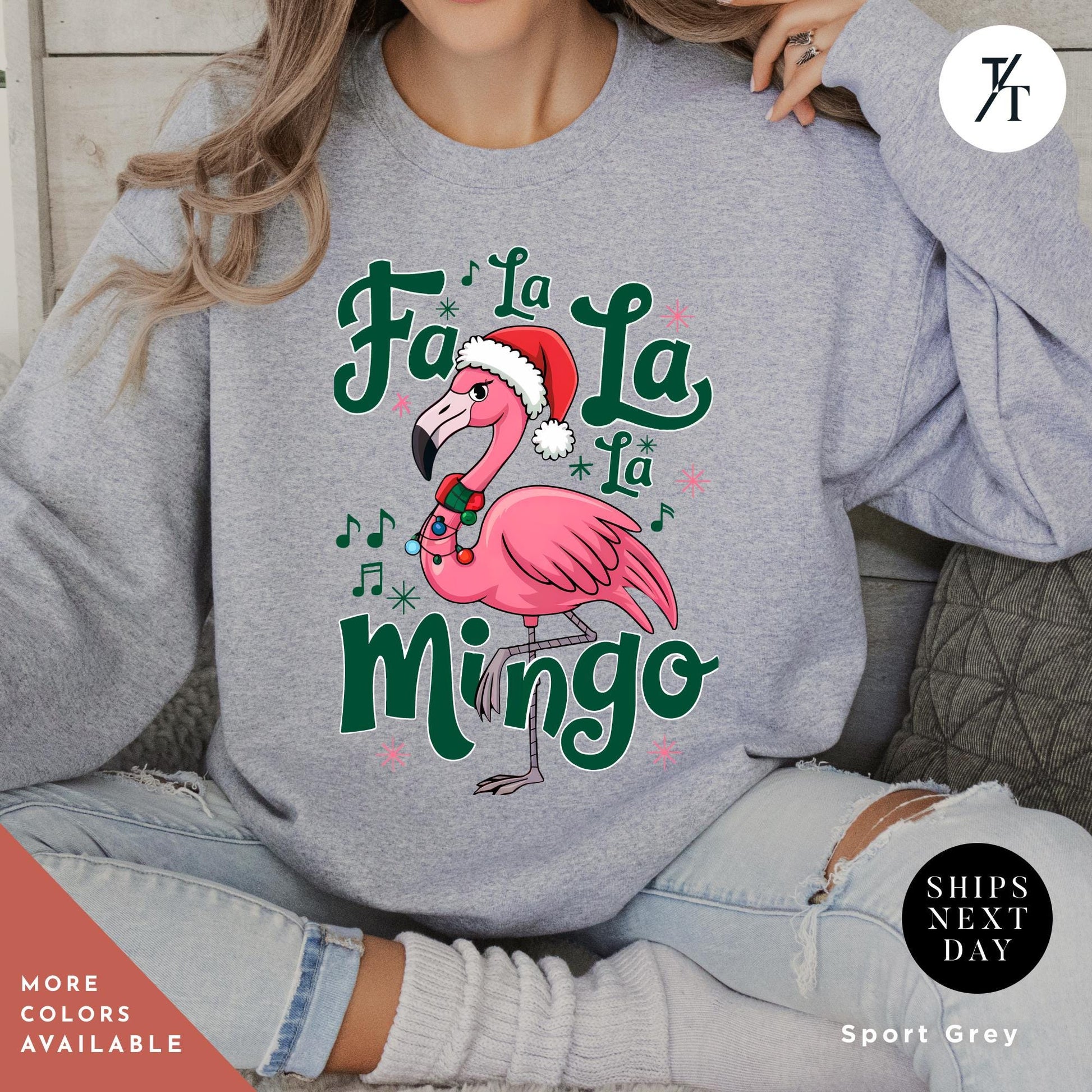 a woman wearing a sweatshirt with a pink flamingo wearing a santa hat, Flamingo Print Christmas Sweatshirt, Pink Flamingo Christmas, Flamingos Sweatshirt, Flamingos Lover Gift, Ugly Funny Crewneck Xmas Sweater