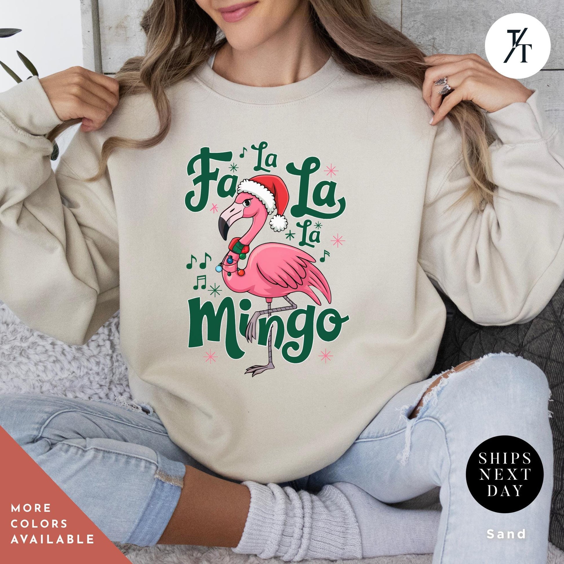 a woman wearing a sweatshirt with a flamingo wearing a santa hat, Flamingo Print Christmas Sweatshirt, Pink Flamingo Christmas, Flamingos Sweatshirt, Flamingos Lover Gift, Ugly Funny Crewneck Xmas Sweater