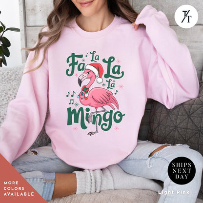 a woman wearing a pink sweatshirt with a flamingo on it, Flamingo Print Christmas Sweatshirt, Pink Flamingo Christmas, Flamingos Sweatshirt, Flamingos Lover Gift, Ugly Funny Crewneck Xmas Sweater