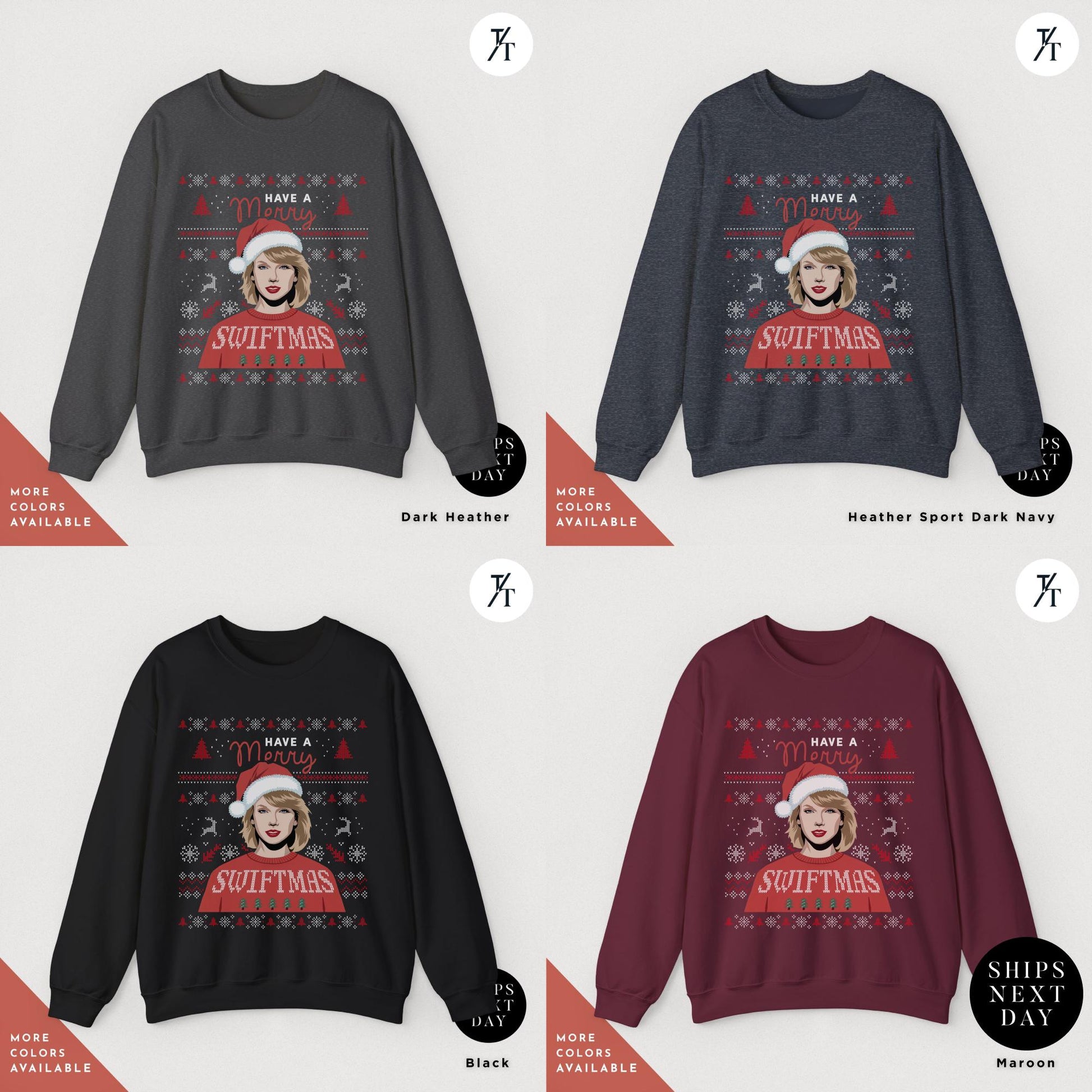 a group of sweaters with a picture of a person wearing a santa hat, ugly christmas sweatshirt, merry swiftmas sweatshirt, merry christmas sweatshirt, eras sweatshirt, ugly christmas sweater, swiftmas shirt