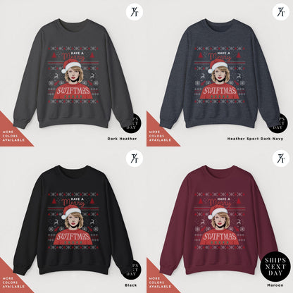 a group of sweaters with a picture of a person wearing a santa hat, ugly christmas sweatshirt, merry swiftmas sweatshirt, merry christmas sweatshirt, eras sweatshirt, ugly christmas sweater, swiftmas shirt