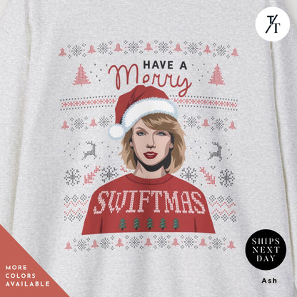 a sweater with a picture of a woman wearing a santa hat, ugly christmas sweatshirt, merry swiftmas sweatshirt, merry christmas sweatshirt, eras sweatshirt, ugly christmas sweater, swiftmas shirt