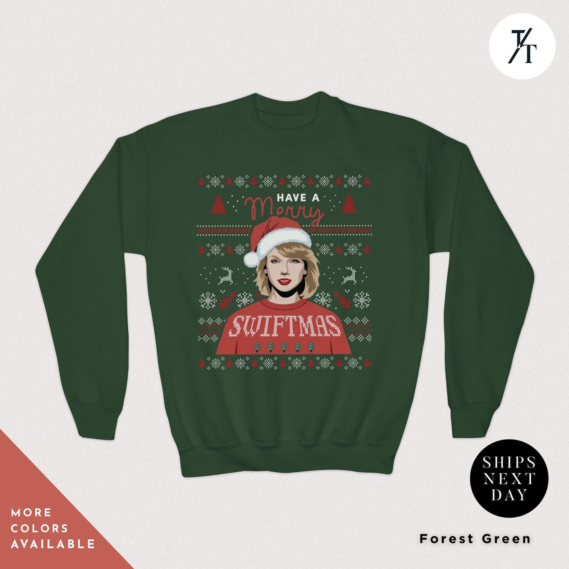 a green sweater with a picture of a woman wearing a santa hat, Kids Merry Swiftmas Ugly Christmas Sweatshirt Swiftmas Sweatshirt Youth Kids Christmas Taylor Swiftie Merch Gift for Swifties, Swiftie Xmas