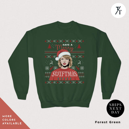 a green sweater with a picture of a woman wearing a santa hat, Kids Merry Swiftmas Ugly Christmas Sweatshirt Swiftmas Sweatshirt Youth Kids Christmas Taylor Swiftie Merch Gift for Swifties, Swiftie Xmas