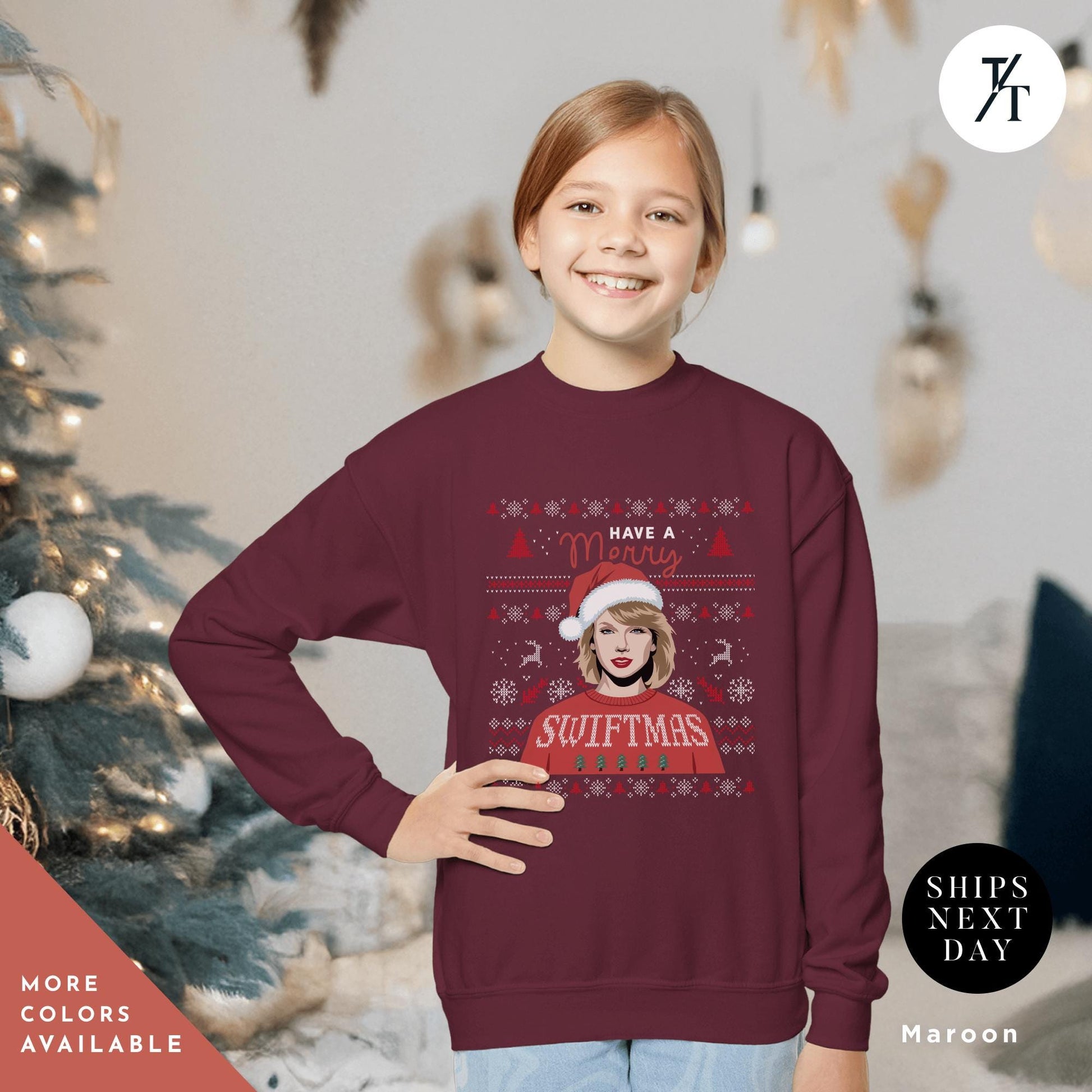 a young girl wearing a red christmas sweater, Kids Merry Swiftmas Ugly Christmas Sweatshirt Swiftmas Sweatshirt Youth Kids Christmas Taylor Swiftie Merch Gift for Swifties, Swiftie Xmas