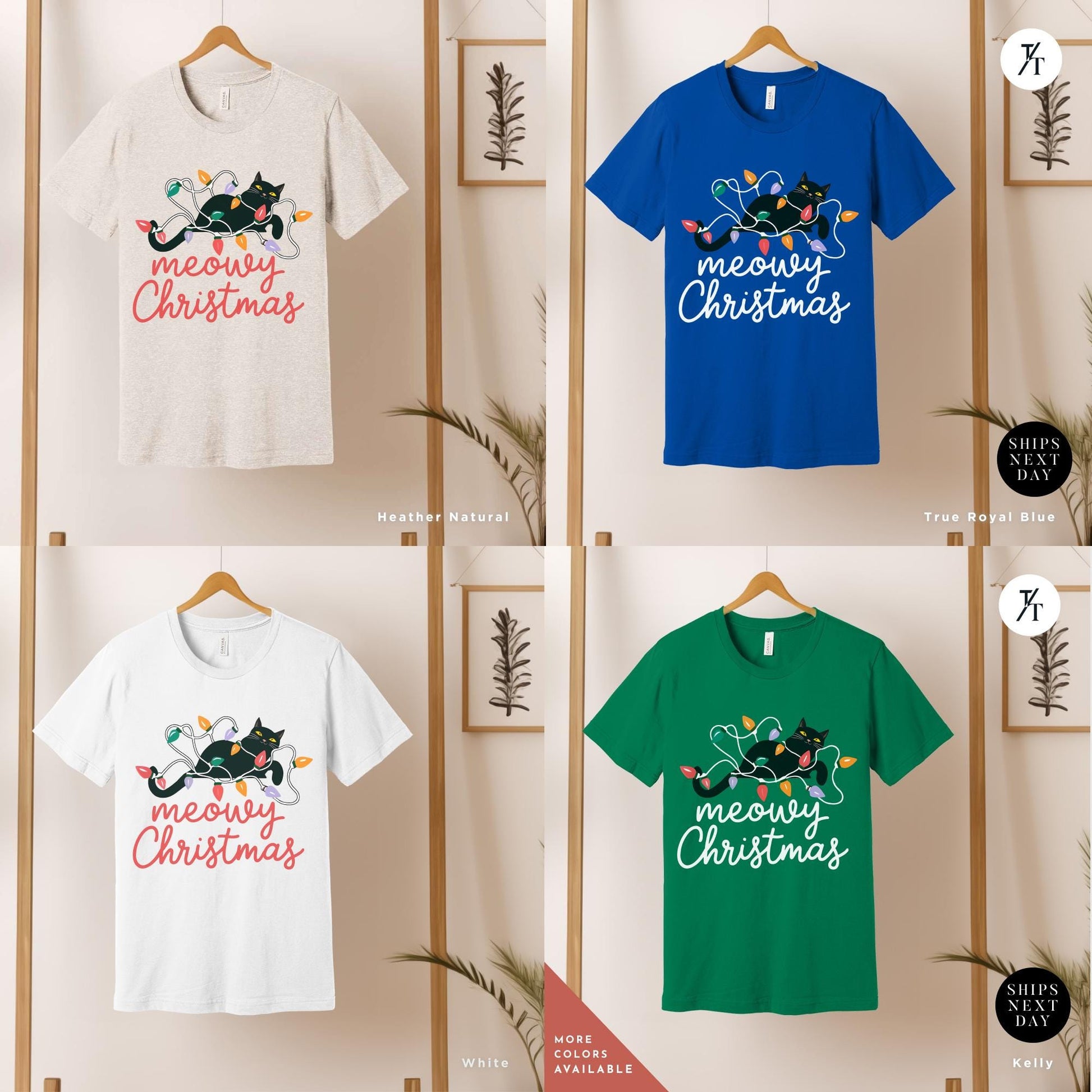 a bunch of t - shirts hanging on a wall, Meowy Christmas black cat christmas lights Shirt, Xmas Black Cats Shirt, Gift For Cat Lover Shirts, Gift For CatMom, Holiday Meowy Xmas Tee