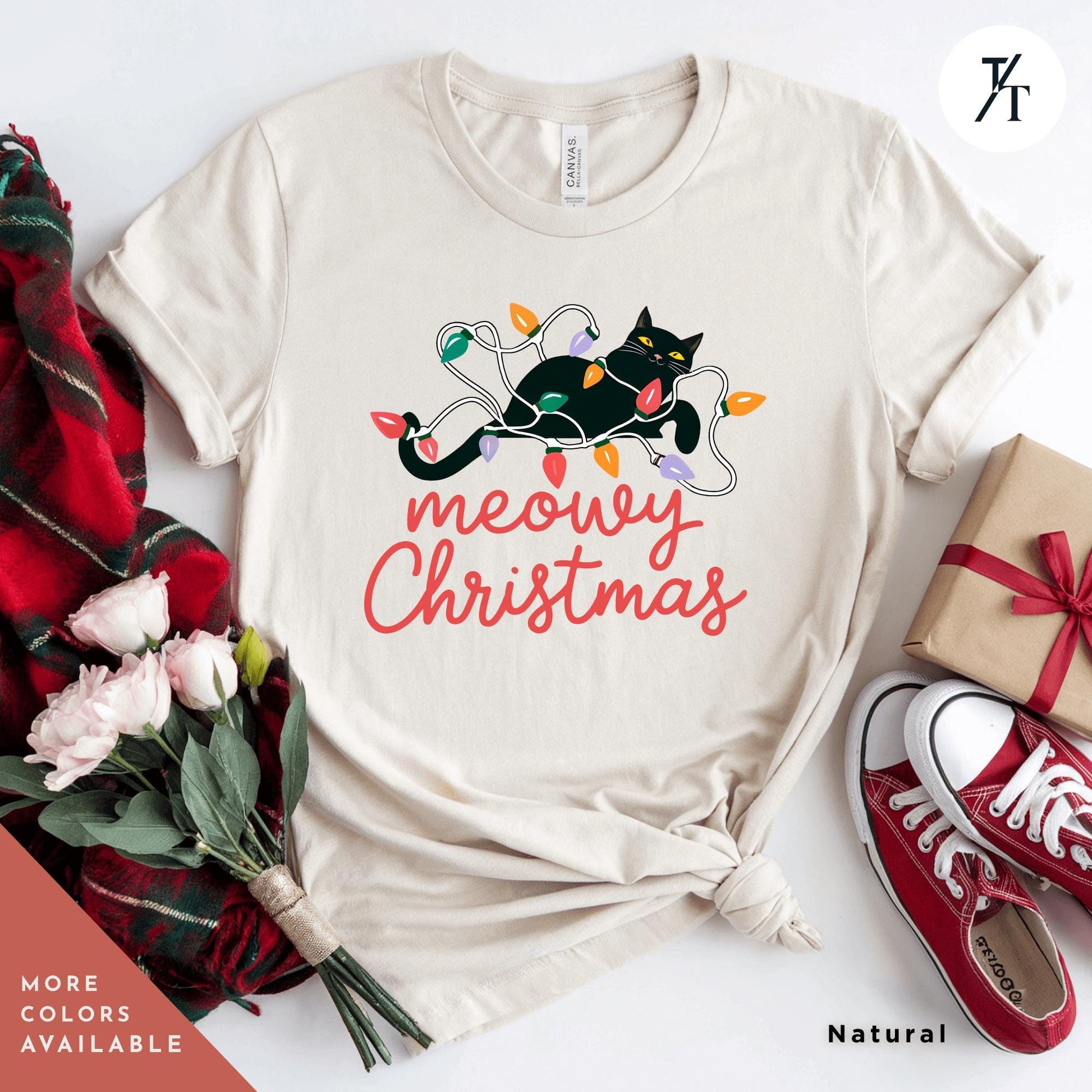a t - shirt that says merry christmas with a cat on it, Meowy Christmas black cat christmas lights Shirt, Xmas Black Cats Shirt, Gift For Cat Lover Shirts, Gift For CatMom, Holiday Meowy Xmas Tee