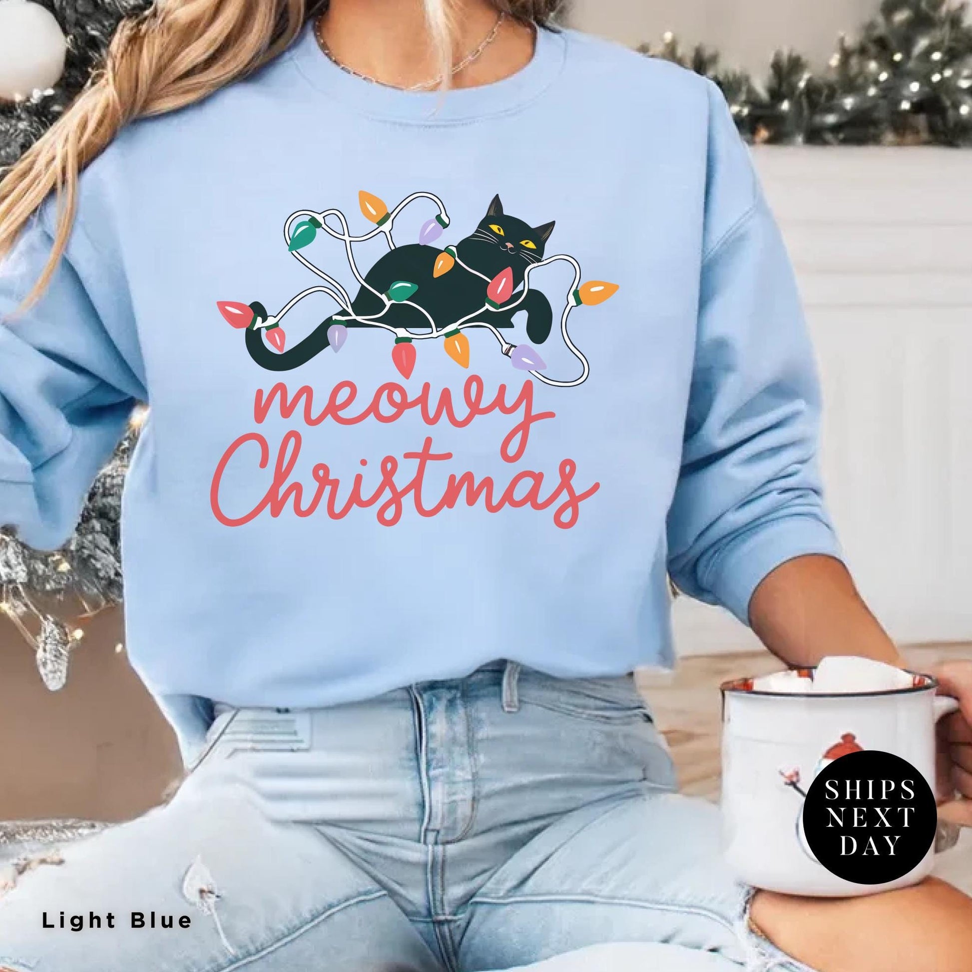 a woman sitting on the floor holding a cup of coffee, Meowy Christmas Sweater - Catmas Sweatshirt, Meowy Christmas Sweatshirt, Gift For Cat Mom, Cute Cat Mom Sweatshirts, Holiday Sweatshirts