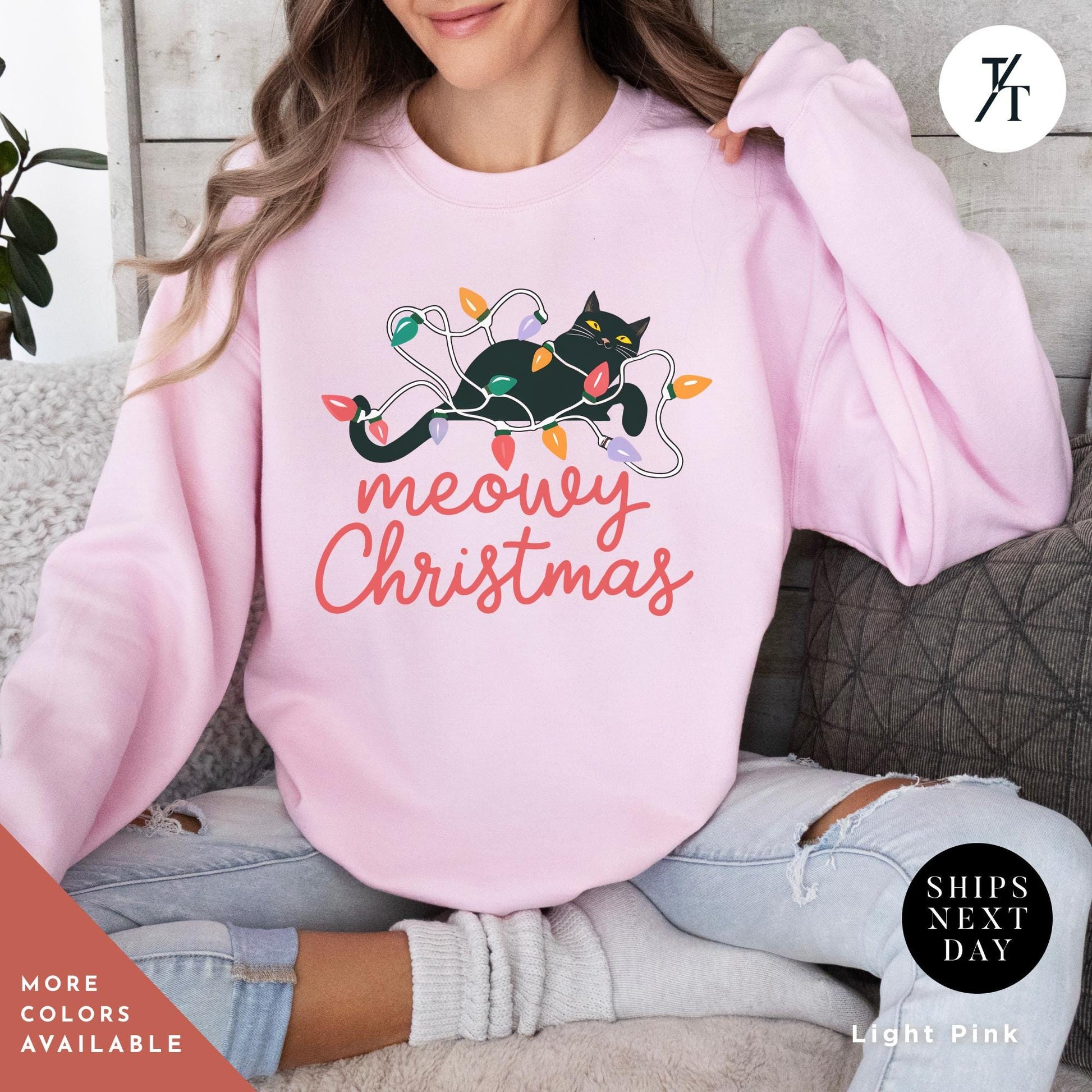 a woman sitting on a couch wearing a pink christmas sweatshirt, Meowy Christmas Sweater - Catmas Sweatshirt, Meowy Christmas Sweatshirt, Gift For Cat Mom, Cute Cat Mom Sweatshirts, Holiday Sweatshirts