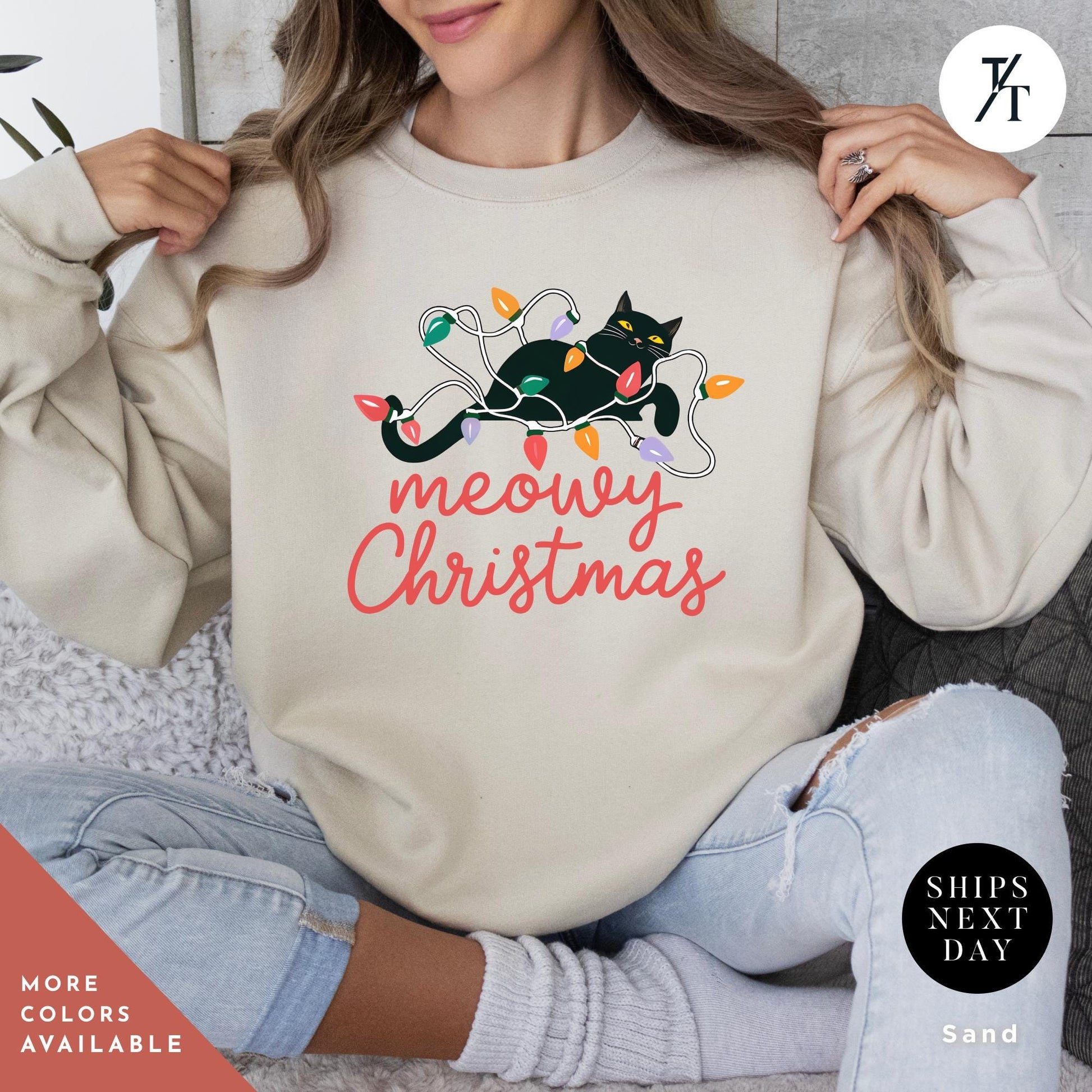 a woman wearing a sweatshirt that says Meowy christmas, Meowy Christmas Sweater - Catmas Sweatshirt, Meowy Christmas Sweatshirt, Gift For Cat Mom, Cute Cat Mom Sweatshirts, Holiday Sweatshirts