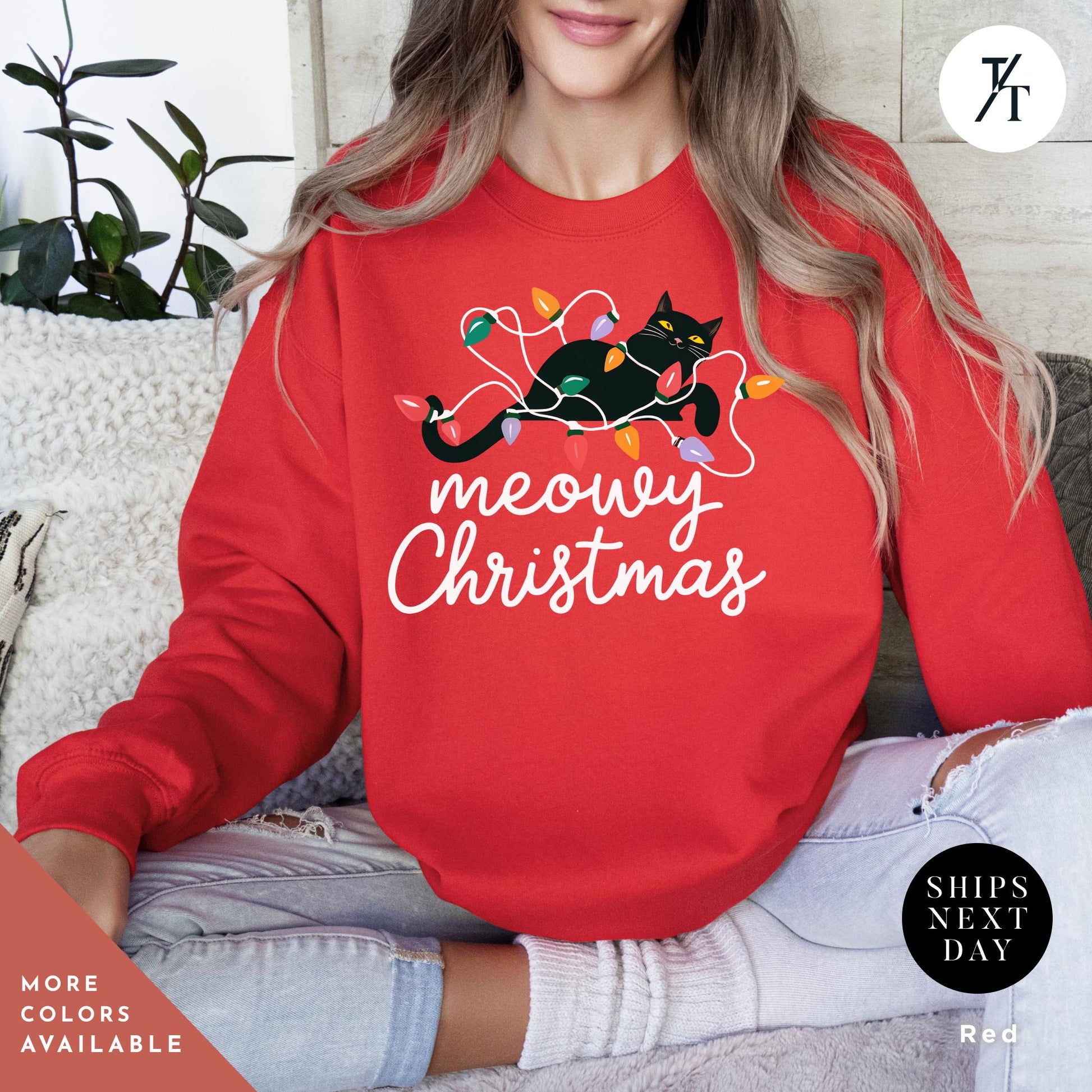 a woman sitting on a couch wearing a red sweatshirt that says Meowy christmas, Meowy Christmas Sweater - Catmas Sweatshirt, Meowy Christmas Sweatshirt, Gift For Cat Mom, Cute Cat Mom Sweatshirts, Holiday Sweatshirts
