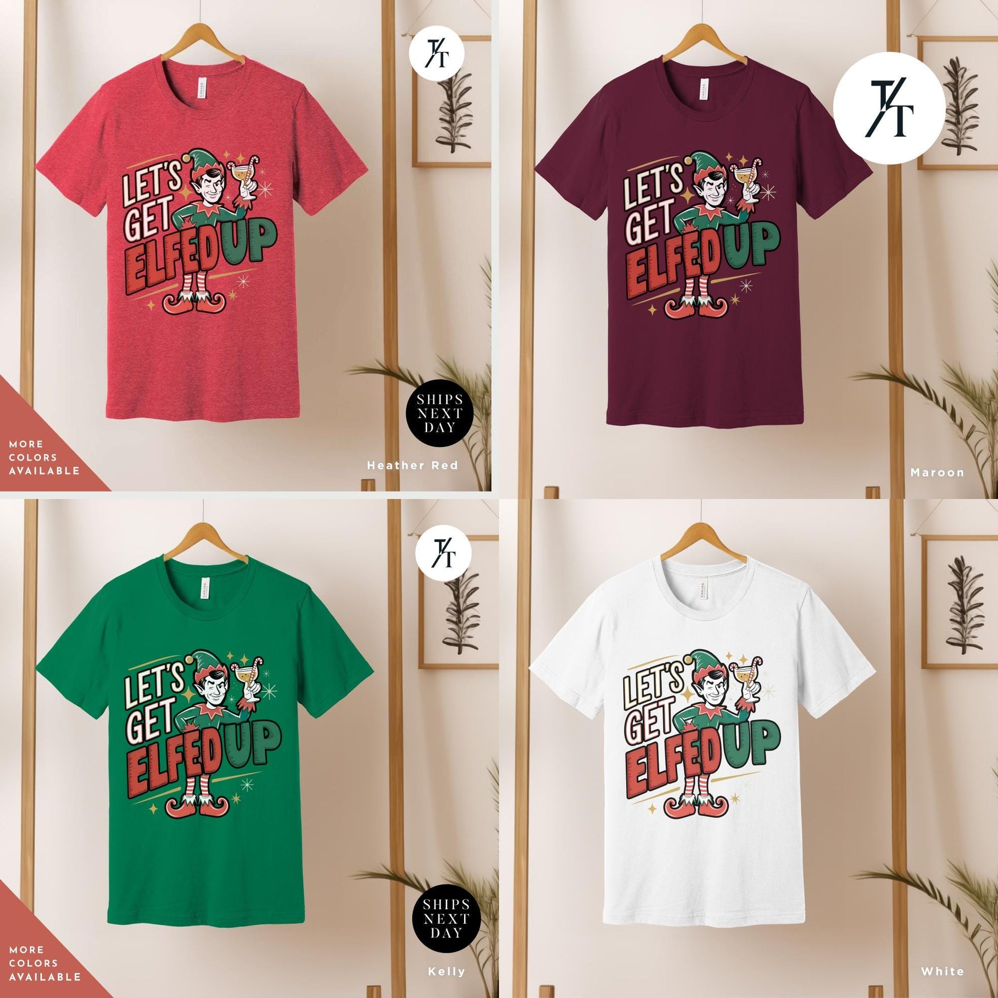 a group of t - shirts hanging on a wall, Lets Get Elfed up shirt Christmas Elf Shirt Let&#39;S Get Elfed Up Funny Christmas Party Adult Drinking Humor Elf Shirt, Holiday Party Shirts