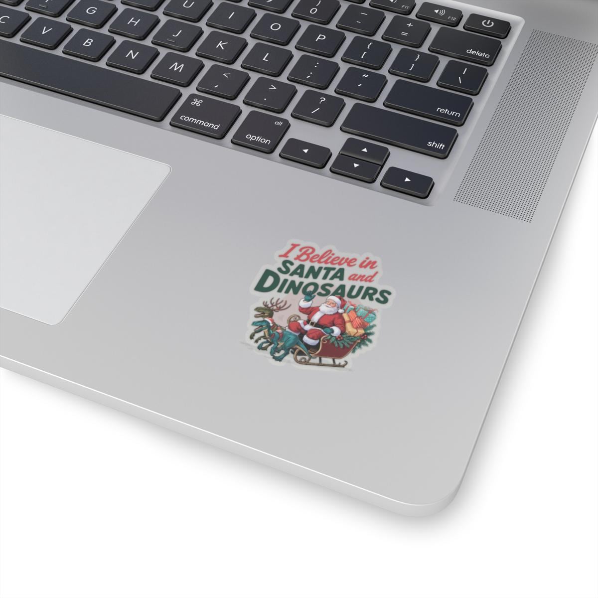 a laptop computer with a sticker on it, I believe in santa and dinosaurs christmas dinosaur decal, Dinosaur Christmas Vinyl Decal Xmas Sticker Dino Reindeers Xmas Stocking Stuffer