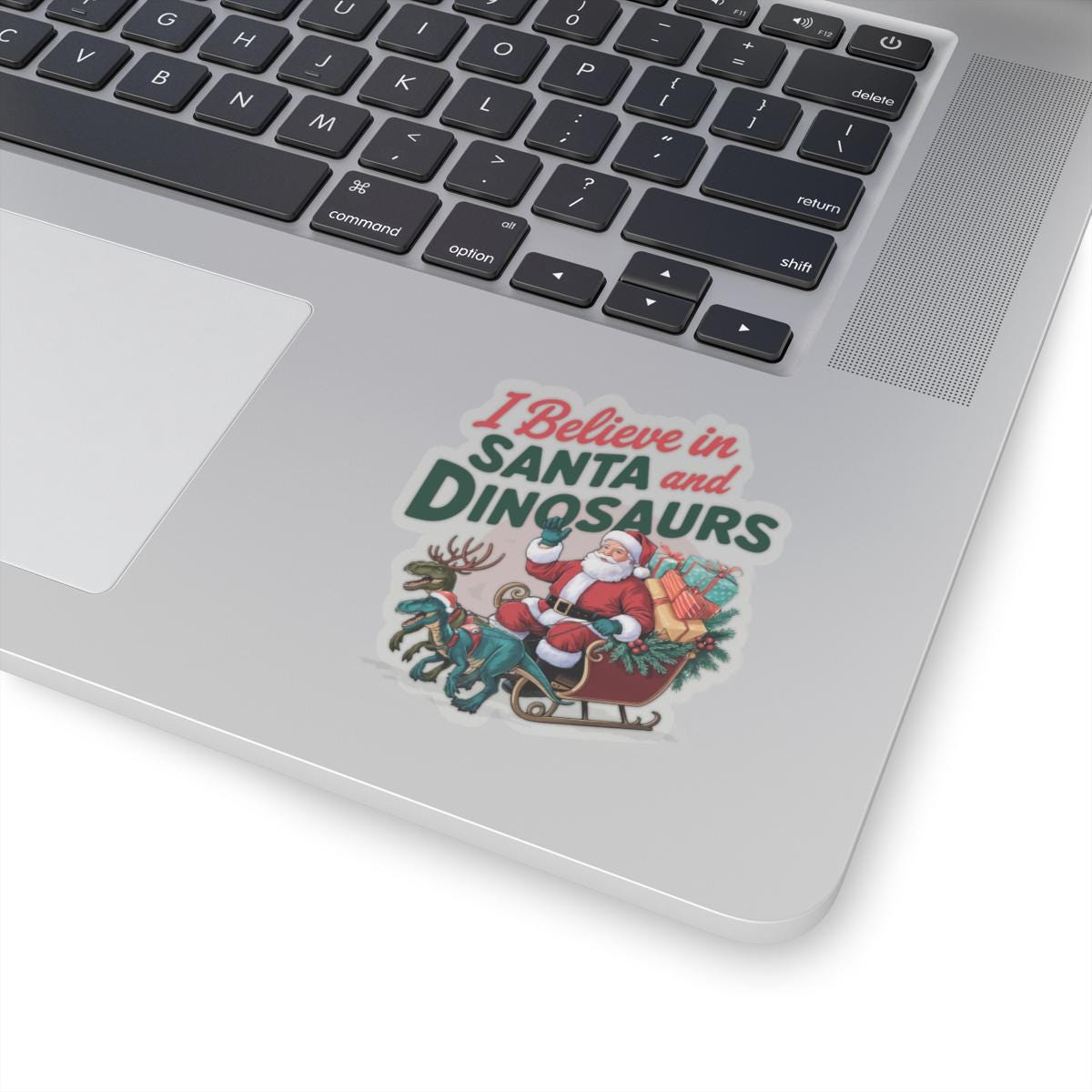 a laptop with a sticker of santa and dinosaurs on it, I believe in santa and dinosaurs christmas dinosaur decal, Dinosaur Christmas Vinyl Decal Xmas Sticker Dino Reindeers Xmas Stocking Stuffer