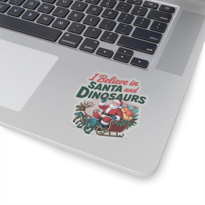 a laptop with a sticker of santa and dinosaurs on it, I believe in santa and dinosaurs christmas dinosaur decal, Dinosaur Christmas Vinyl Decal Xmas Sticker Dino Reindeers Xmas Stocking Stuffer