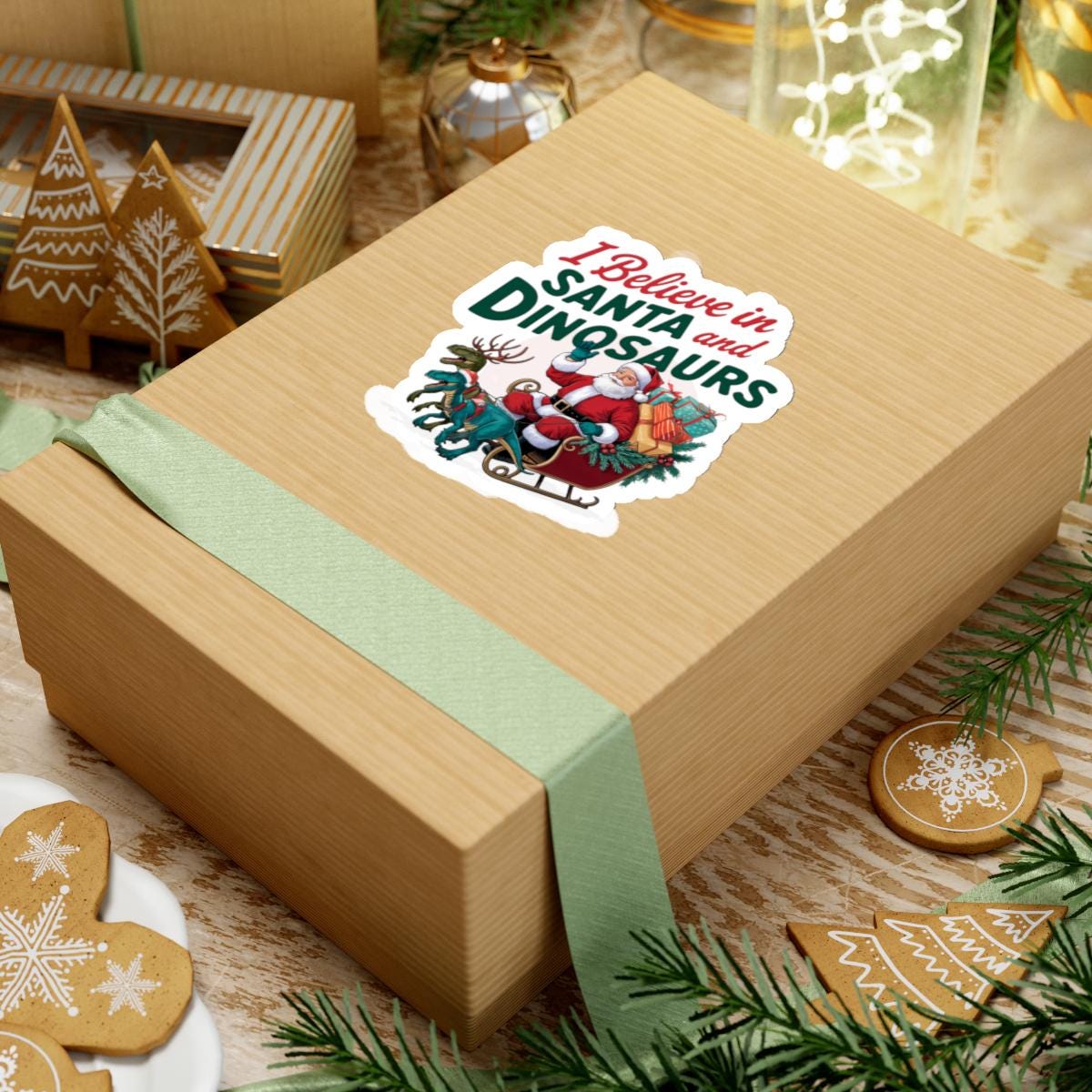 a wooden box with a christmas sticker on it, I believe in santa and dinosaurs christmas dinosaur decal, Dinosaur Christmas Vinyl Decal Xmas Sticker Dino Reindeers Xmas Stocking Stuffer