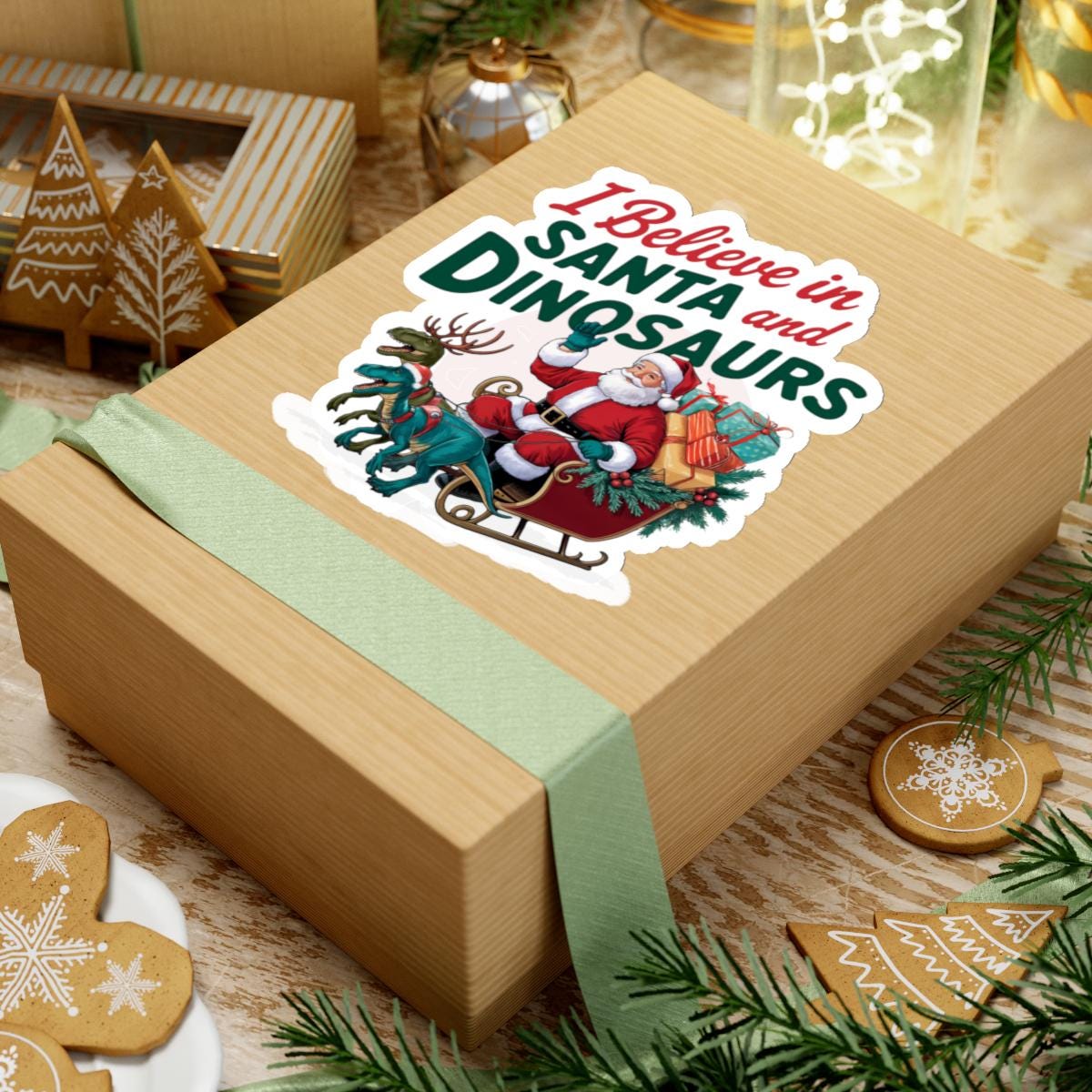 a wooden box with a christmas sticker on it, I believe in santa and dinosaurs christmas dinosaur decal, Dinosaur Christmas Vinyl Decal Xmas Sticker Dino Reindeers Xmas Stocking Stuffer