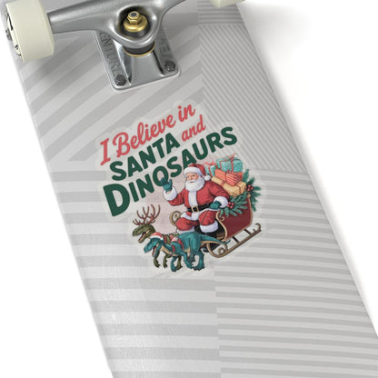a close up of a skateboard with a santa clause on it, I believe in santa and dinosaurs christmas dinosaur decal, Dinosaur Christmas Vinyl Decal Xmas Sticker Dino Reindeers Xmas Stocking Stuffer