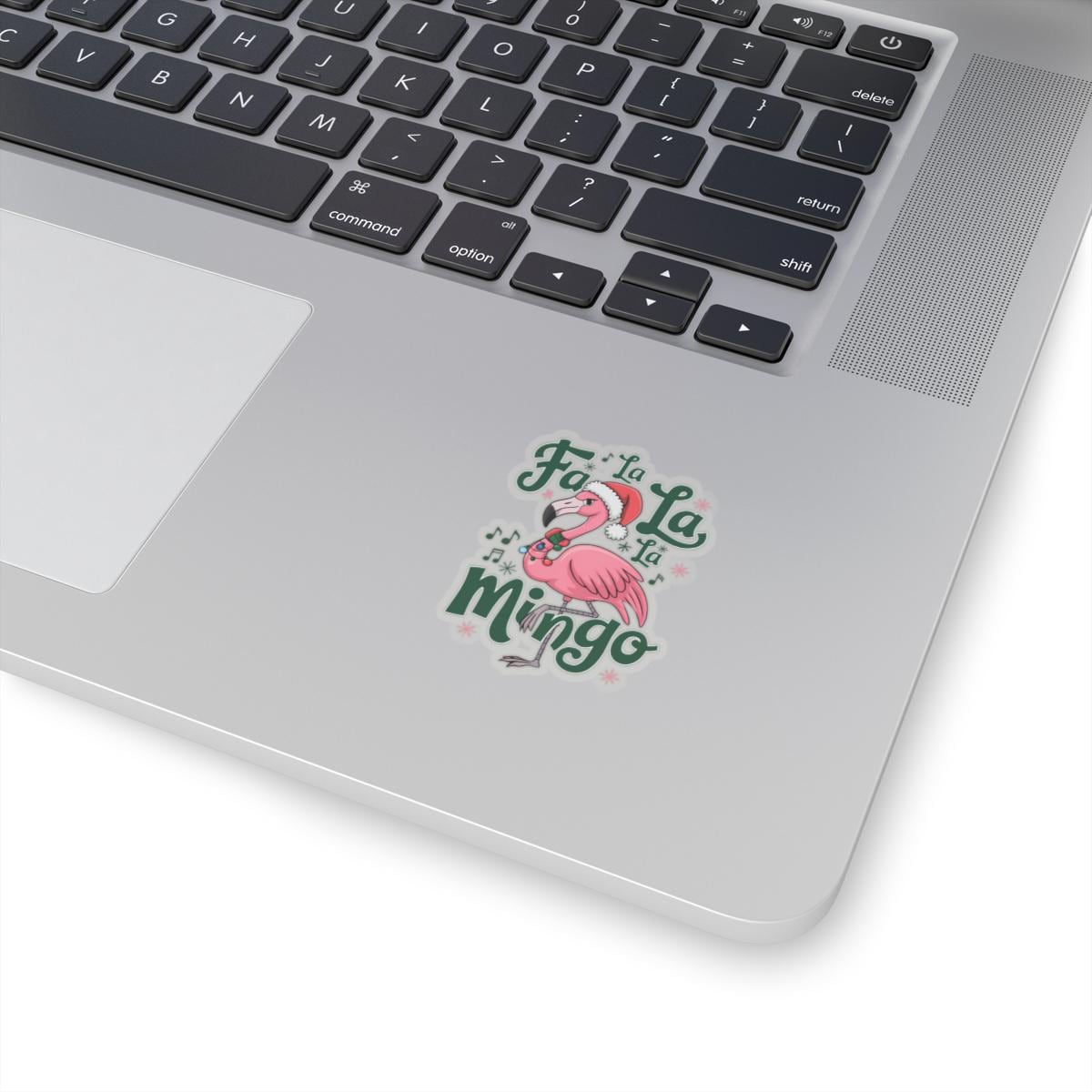 a laptop with a sticker of a pink flamingo, Christmas flamingo christmas tree lights flamingo sticker package, Packaging Stickers, Tropical Sticker, Coastal Xmas, Flamingos Stickers