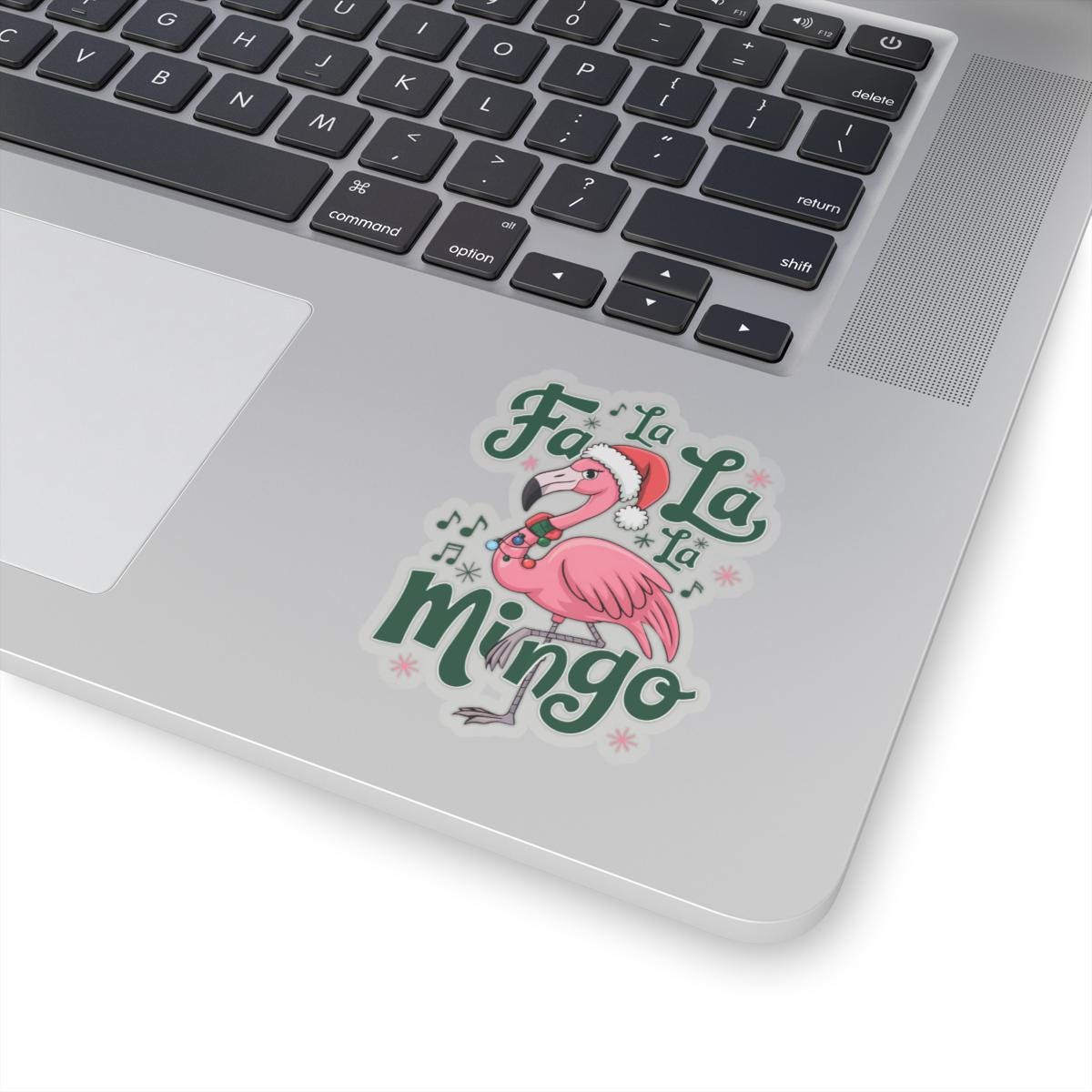 a laptop with a sticker of a pink flamingo, Christmas flamingo christmas tree lights flamingo sticker package, Packaging Stickers, Tropical Sticker, Coastal Xmas, Flamingos Stickers