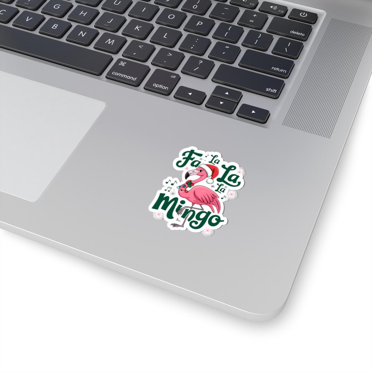 a laptop with a sticker of a pink flamingo, Christmas flamingo christmas tree lights flamingo sticker package, Packaging Stickers, Tropical Sticker, Coastal Xmas, Flamingos Stickers