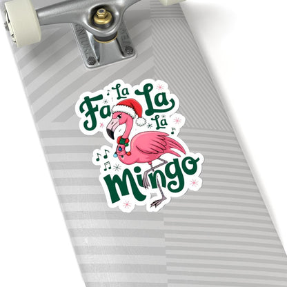 a skateboard with a sticker of a pink flamingo, Christmas flamingo christmas tree lights flamingo sticker package, Packaging Stickers, Tropical Sticker, Coastal Xmas, Flamingos Stickers