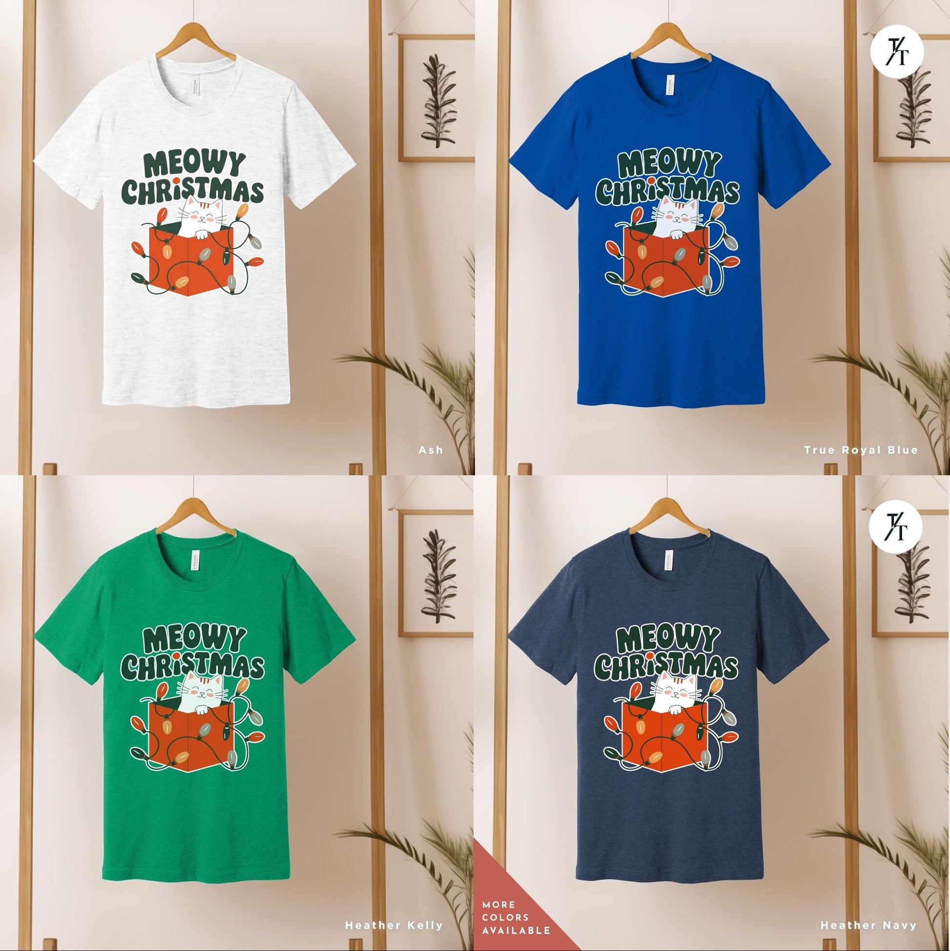 a group of t - shirts hanging on a wall, Meowy Christmas black cat christmas lights Shirt, Xmas Black Cats Shirt, Gift For Cat Lover Shirts, Gift For CatMom, Holiday Meowy Xmas Tee