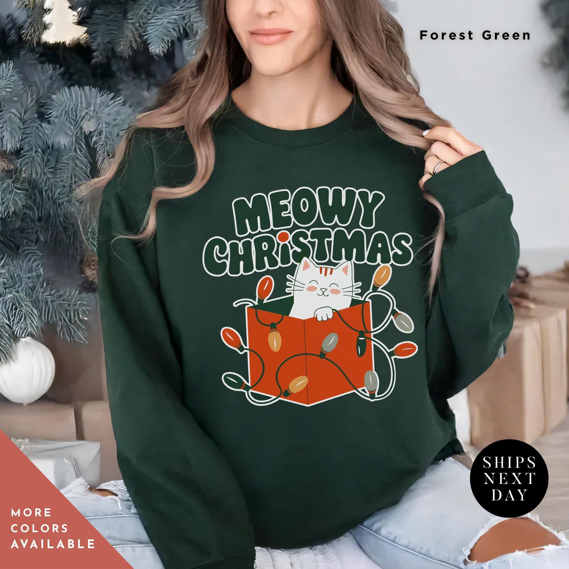 a woman wearing a sweatshirt that says merry christmasMeowy Christmas Sweater - Catmas Sweatshirt, Meowy Christmas Sweatshirt, Gift For Cat Mom, Cute Cat Mom Sweatshirts, Holiday Sweatshirts