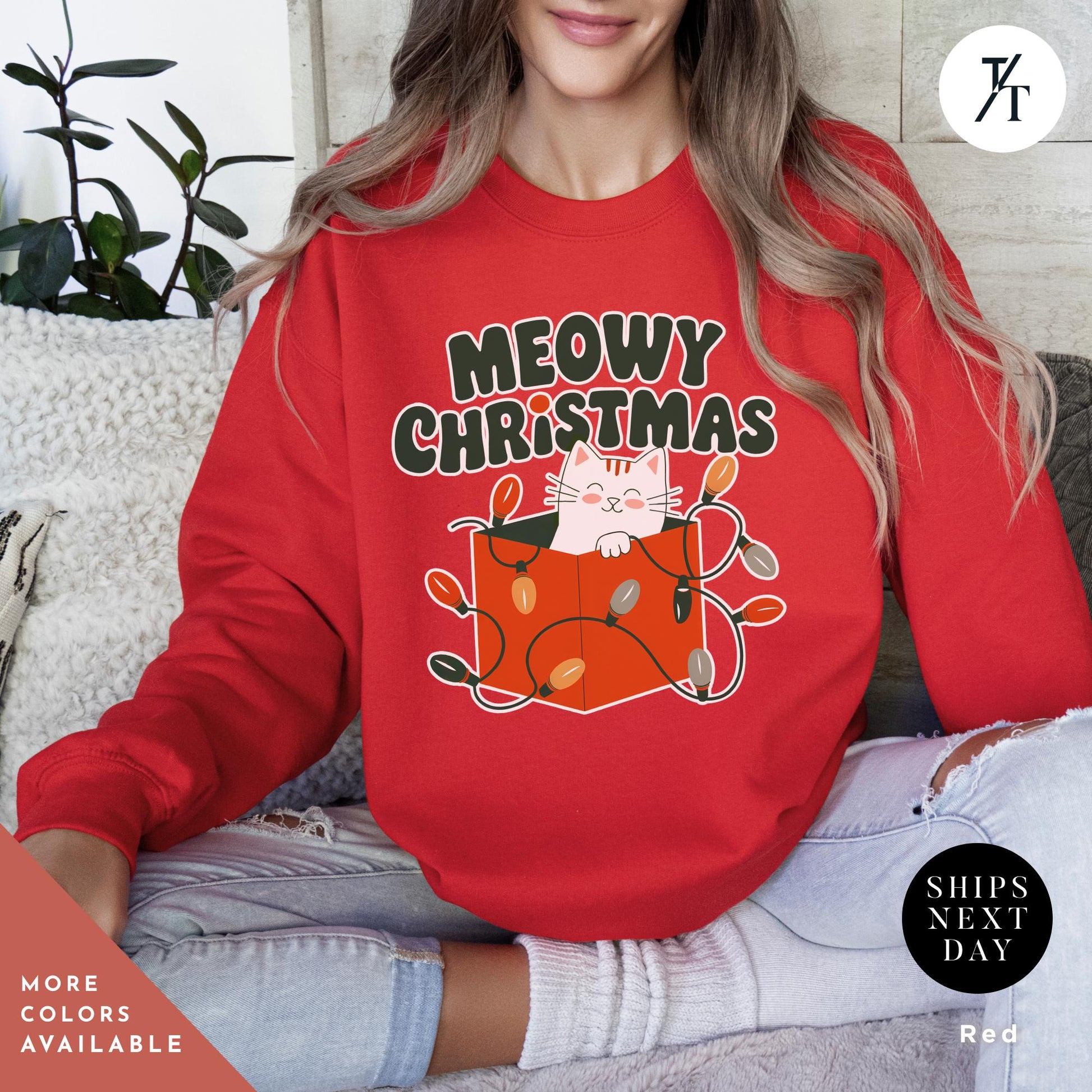 a woman wearing a red sweatshirt that says meowy christmas, Meowy Christmas Sweater - Catmas Sweatshirt, Meowy Christmas Sweatshirt, Gift For Cat Mom, Cute Cat Mom Sweatshirts, Holiday Sweatshirts