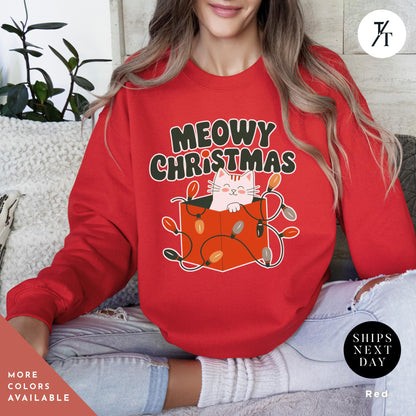 a woman wearing a red sweatshirt that says meowy christmas, Meowy Christmas Sweater - Catmas Sweatshirt, Meowy Christmas Sweatshirt, Gift For Cat Mom, Cute Cat Mom Sweatshirts, Holiday Sweatshirts