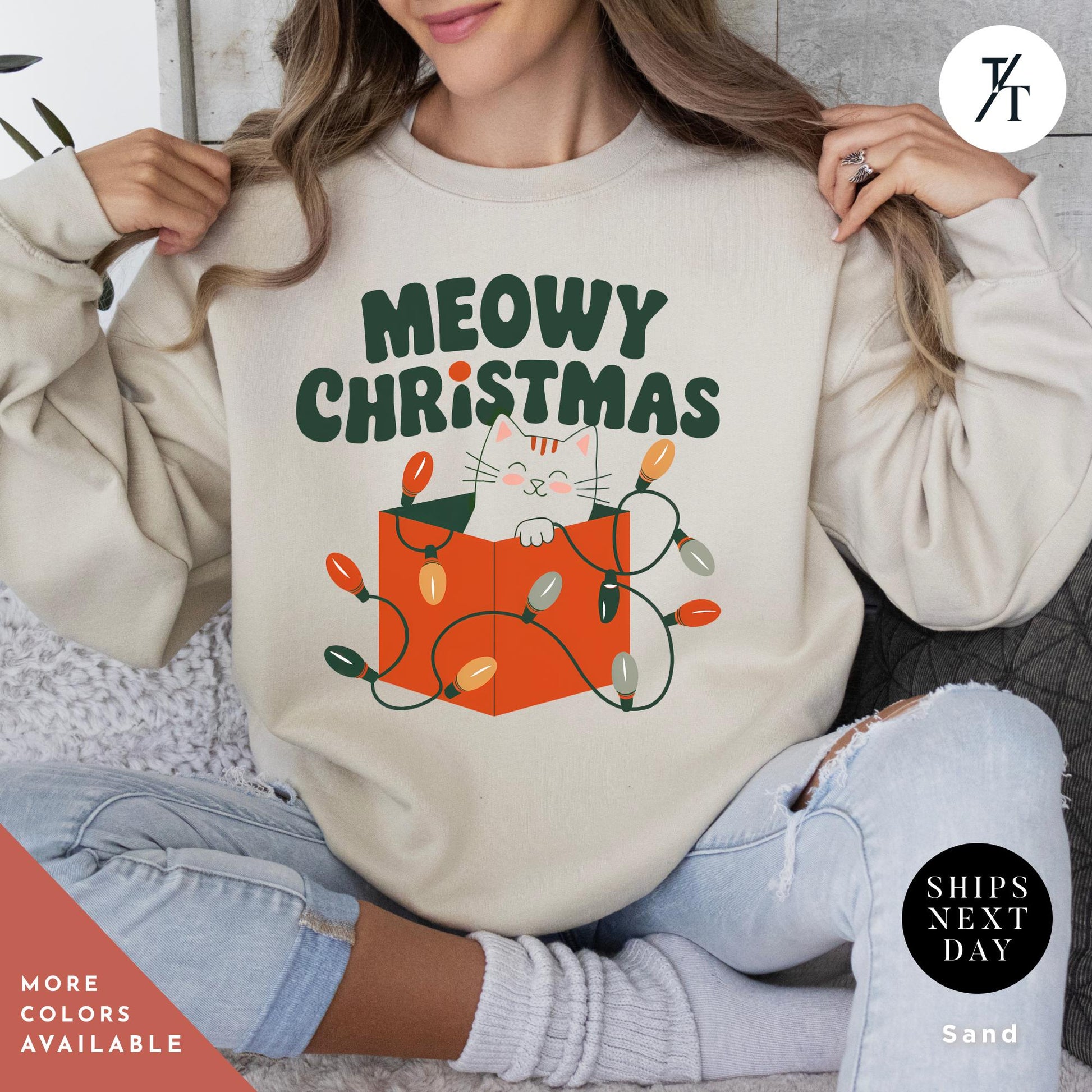 a woman wearing a sweatshirt that says meowy christmasMeowy Christmas Sweater - Catmas Sweatshirt, Meowy Christmas Sweatshirt, Gift For Cat Mom, Cute Cat Mom Sweatshirts, Holiday Sweatshirts