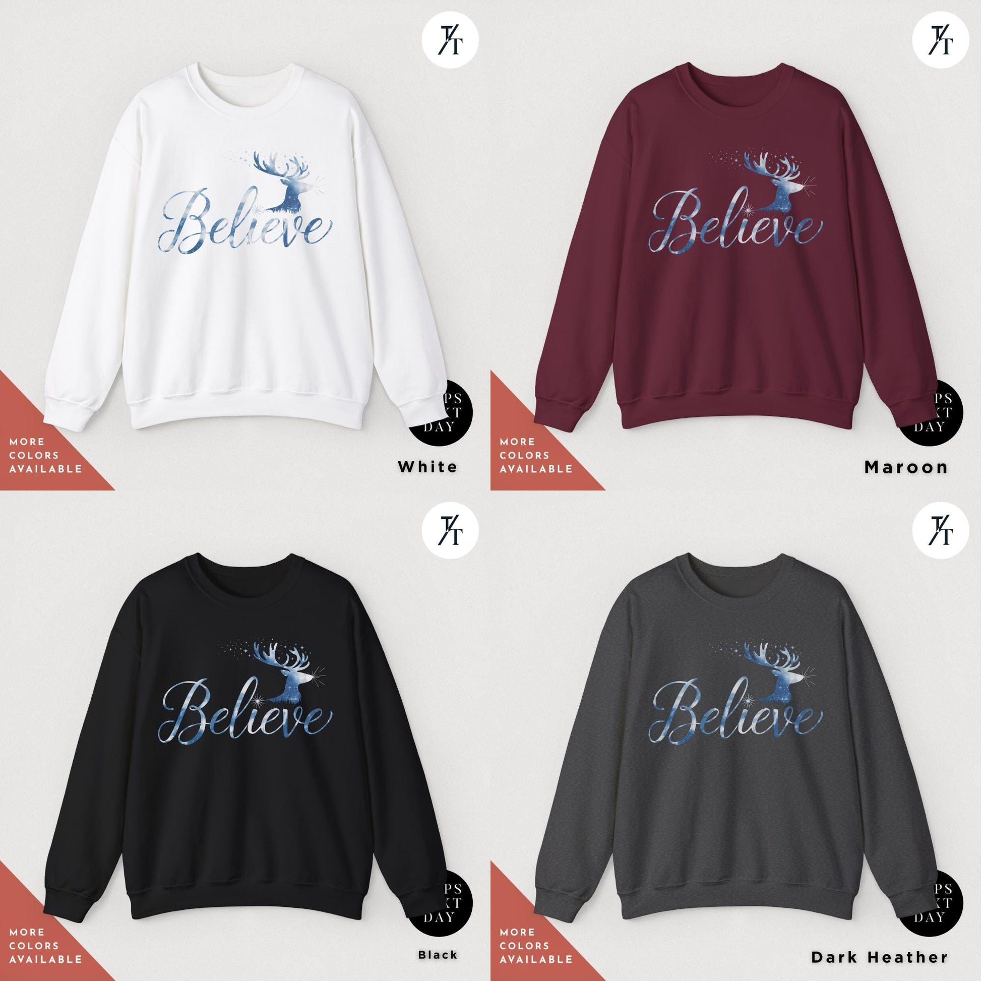a group of sweatshirts with the words believe on them, Reindeer Sweatshirt believe santa hat sweatshirt, i want to believe sweater, Christmas Gift for her, Merry Christmas Sweatshirts Crewneck
