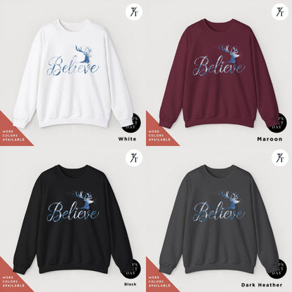 a group of sweatshirts with the words believe on them, Reindeer Sweatshirt believe santa hat sweatshirt, i want to believe sweater, Christmas Gift for her, Merry Christmas Sweatshirts Crewneck