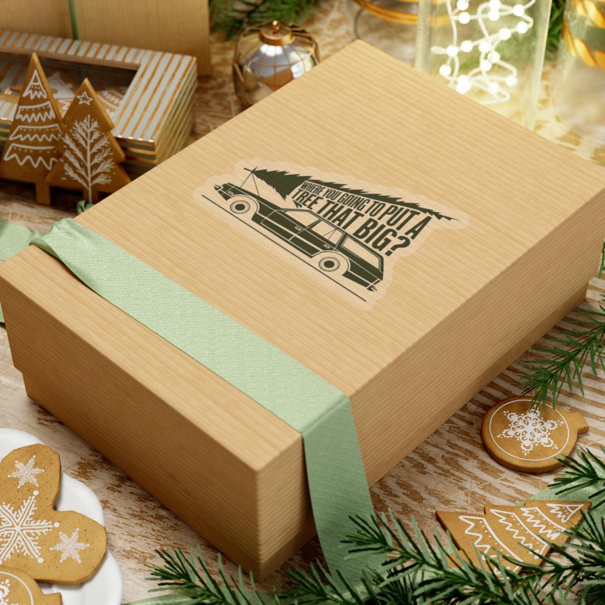 a wooden box with some cookies in it, National Lampoons Decal, Christmas Vacation stickers, Chevy Chase Stocking Stuffer, Funny You Serious Clark Christmas Vinyl Laptop Stickers