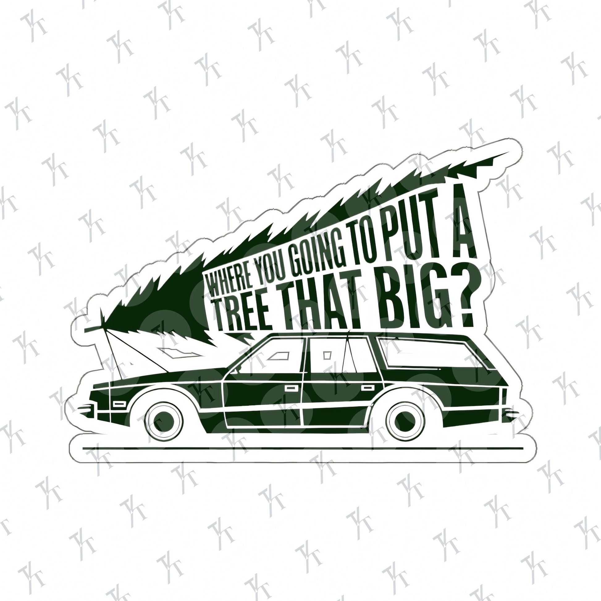 a black and white picture of a car with a tree on it, National Lampoons Decal, Christmas Vacation stickers, Chevy Chase Stocking Stuffer, Funny You Serious Clark Christmas Vinyl Laptop Stickers
