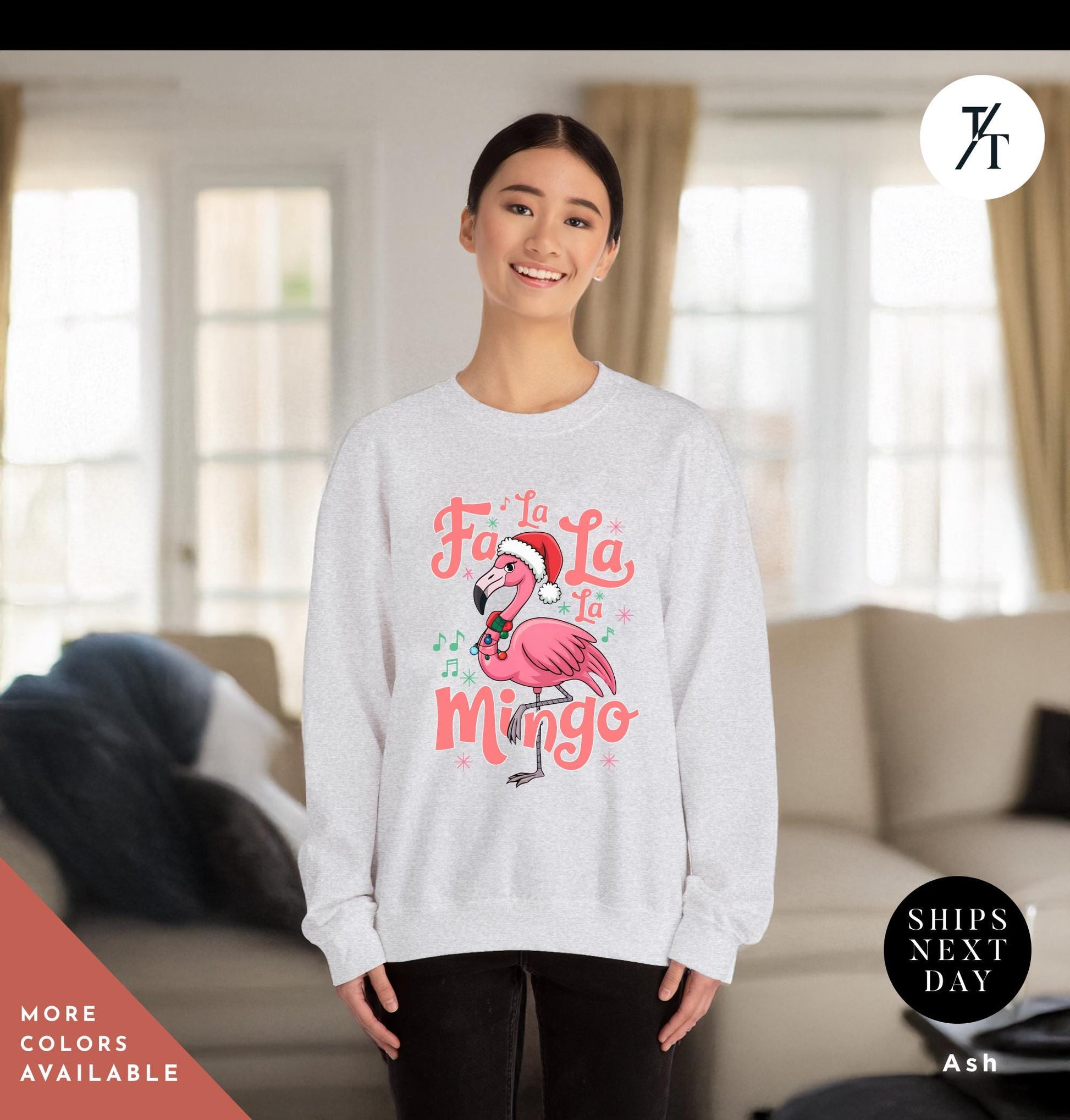a woman wearing a white sweater with a pink flamingo on it, Flamingo Print Christmas Sweatshirt, Pink Flamingo Christmas, Flamingos Sweatshirt, Flamingos Lover Gift, Ugly Funny Crewneck Xmas Sweater