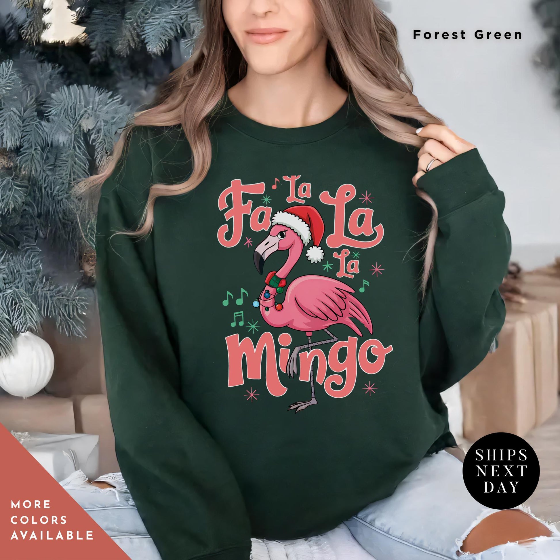 a woman wearing a green sweatshirt with a pink flamingo wearing a santa hat, Flamingo Print Christmas Sweatshirt, Pink Flamingo Christmas, Flamingos Sweatshirt, Flamingos Lover Gift, Ugly Funny Crewneck Xmas Sweater